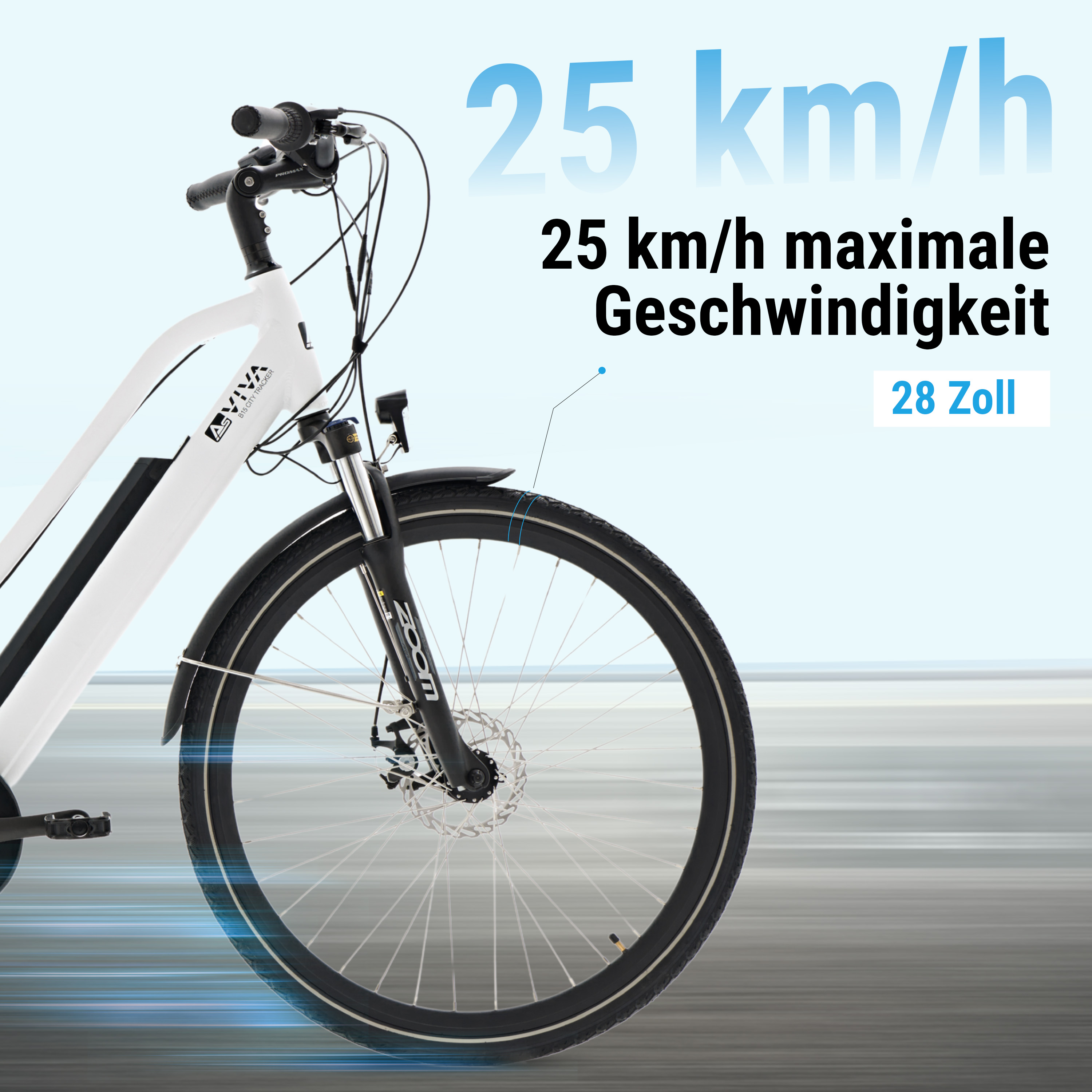 Ein weißes Fahrrad mit einer Höchstgeschwindigkeit von 25 km/h und 28-Zoll-Rädern. Bewegungsunschärfe-Effekt.