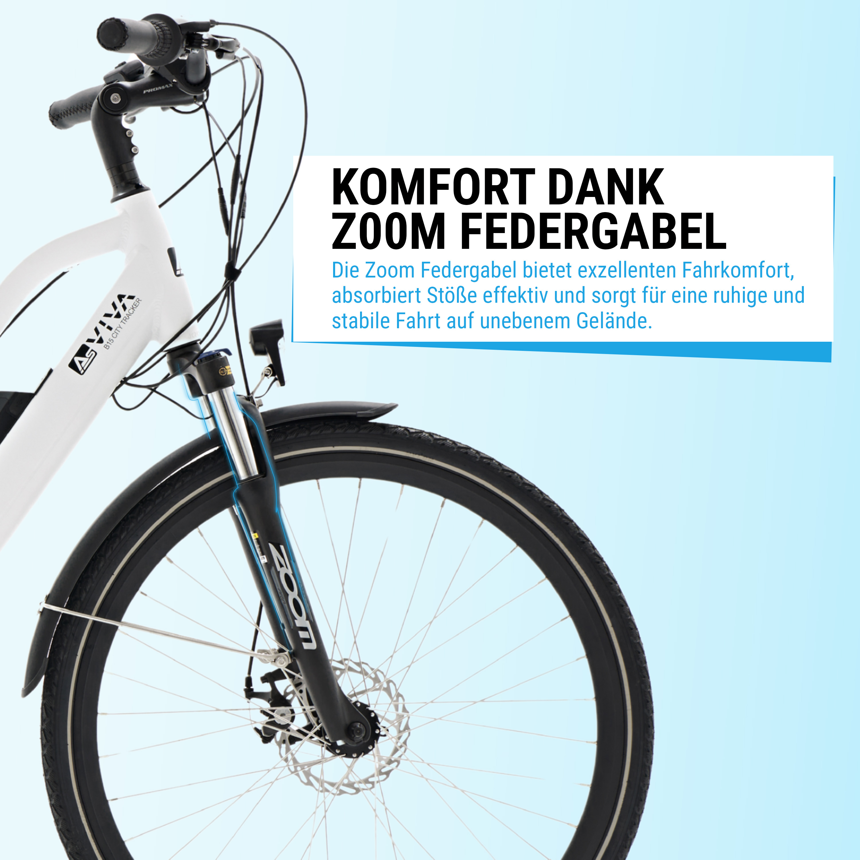 Nahaufnahme des Vorderrads und der Federgabel des E-Bikes. Text betont Komfort und Stoßdämpfung.