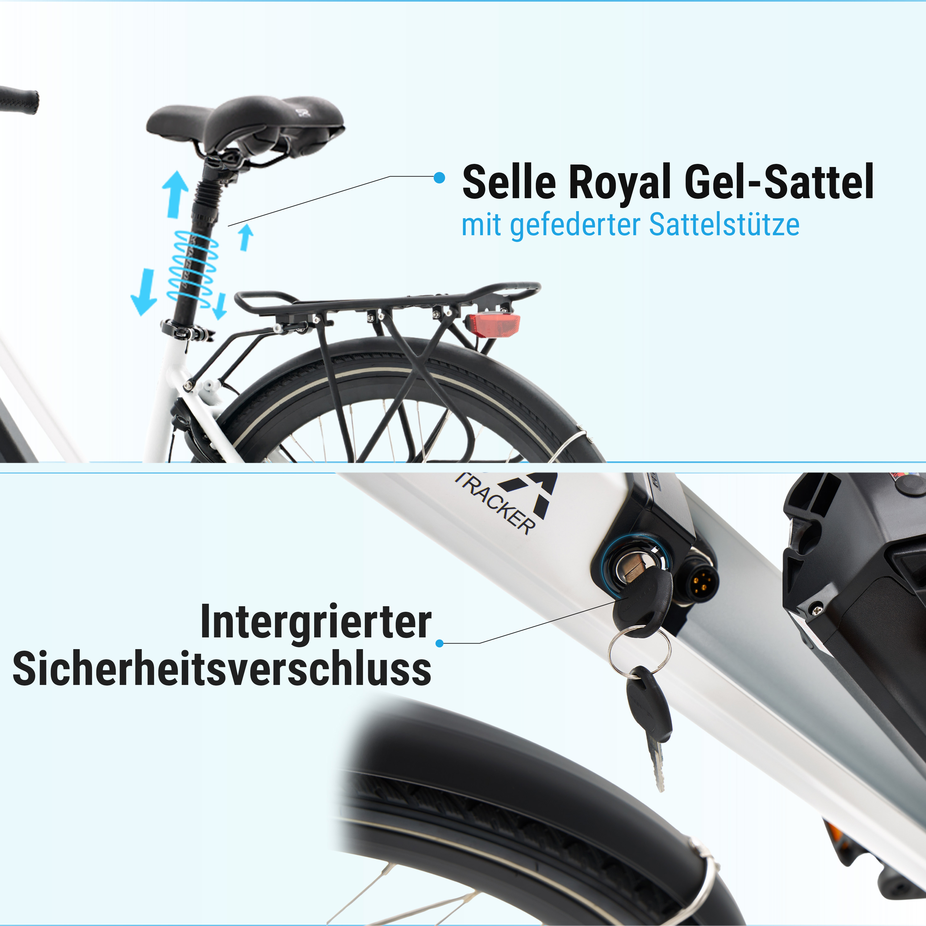 E-Bike-Komponenten: Sattel, Sattelstütze und integrierter Sicherheitsverschluss.