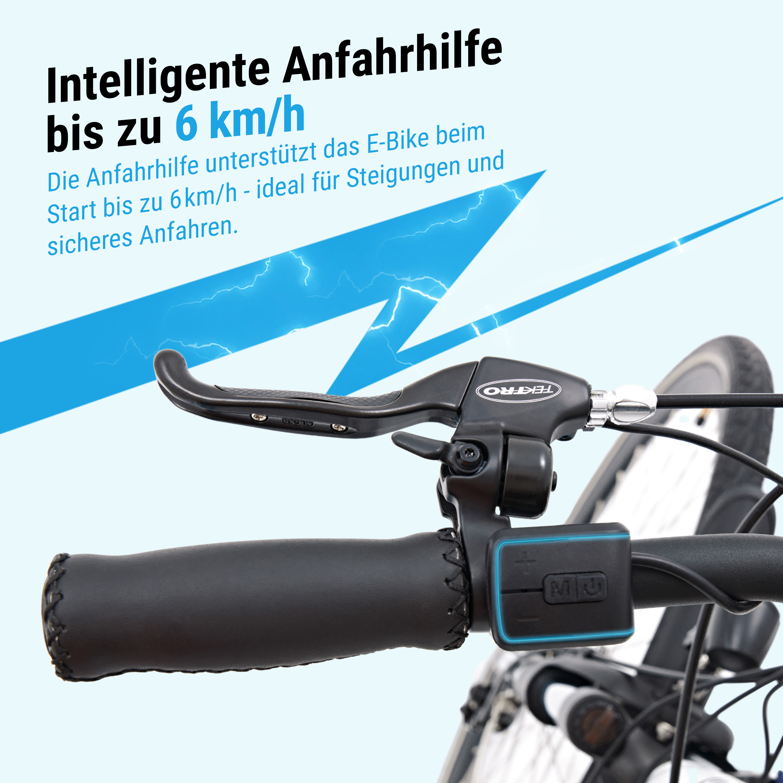 Nahaufnahme des E-Bike-Lenkers, Fokus auf dem Steuerhebel. Text hebt die Anfahrhilfe hervor.