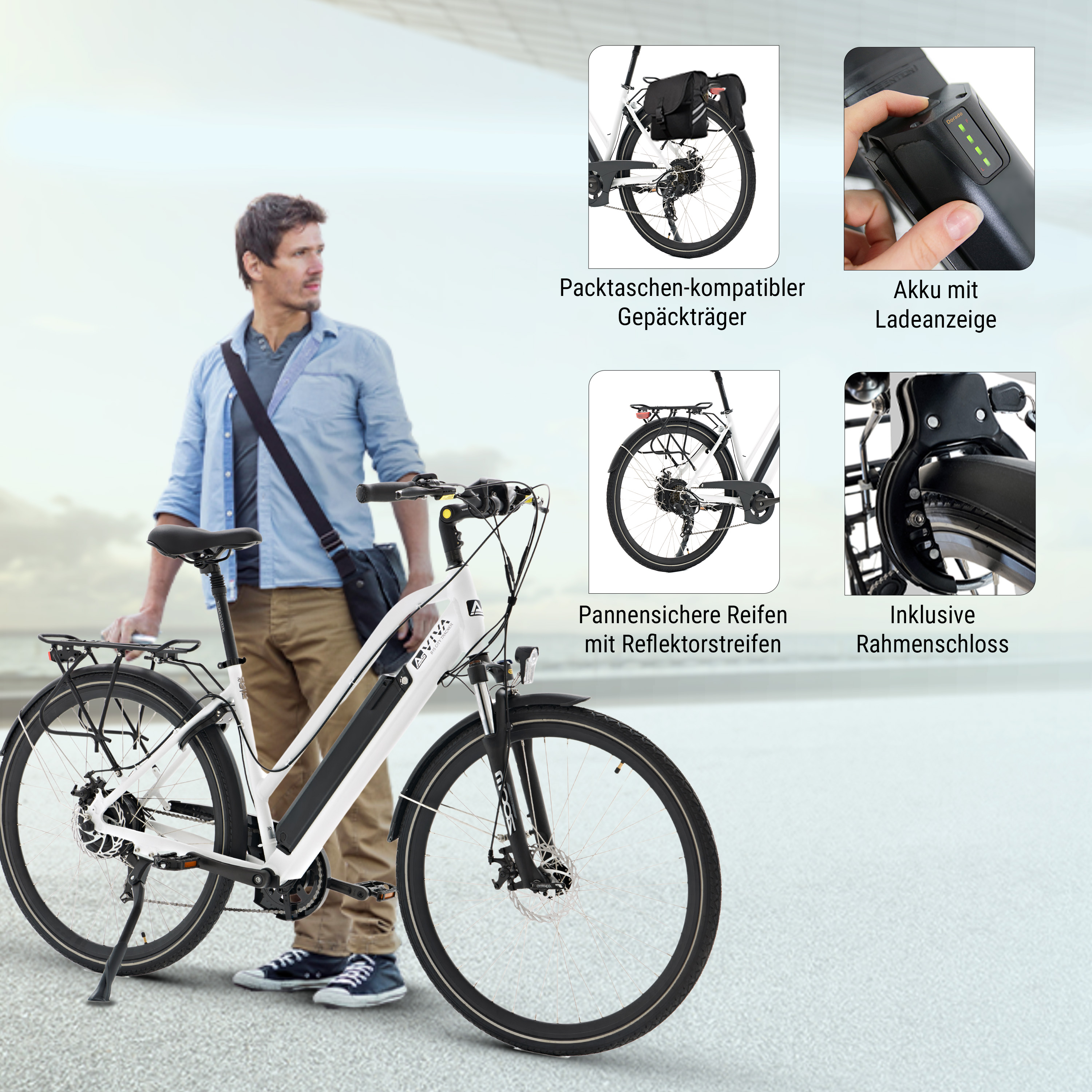 Mann steht neben E-Bike. E-Bike-Merkmale: Akku, Gepäckträger, Rahmenschloss.