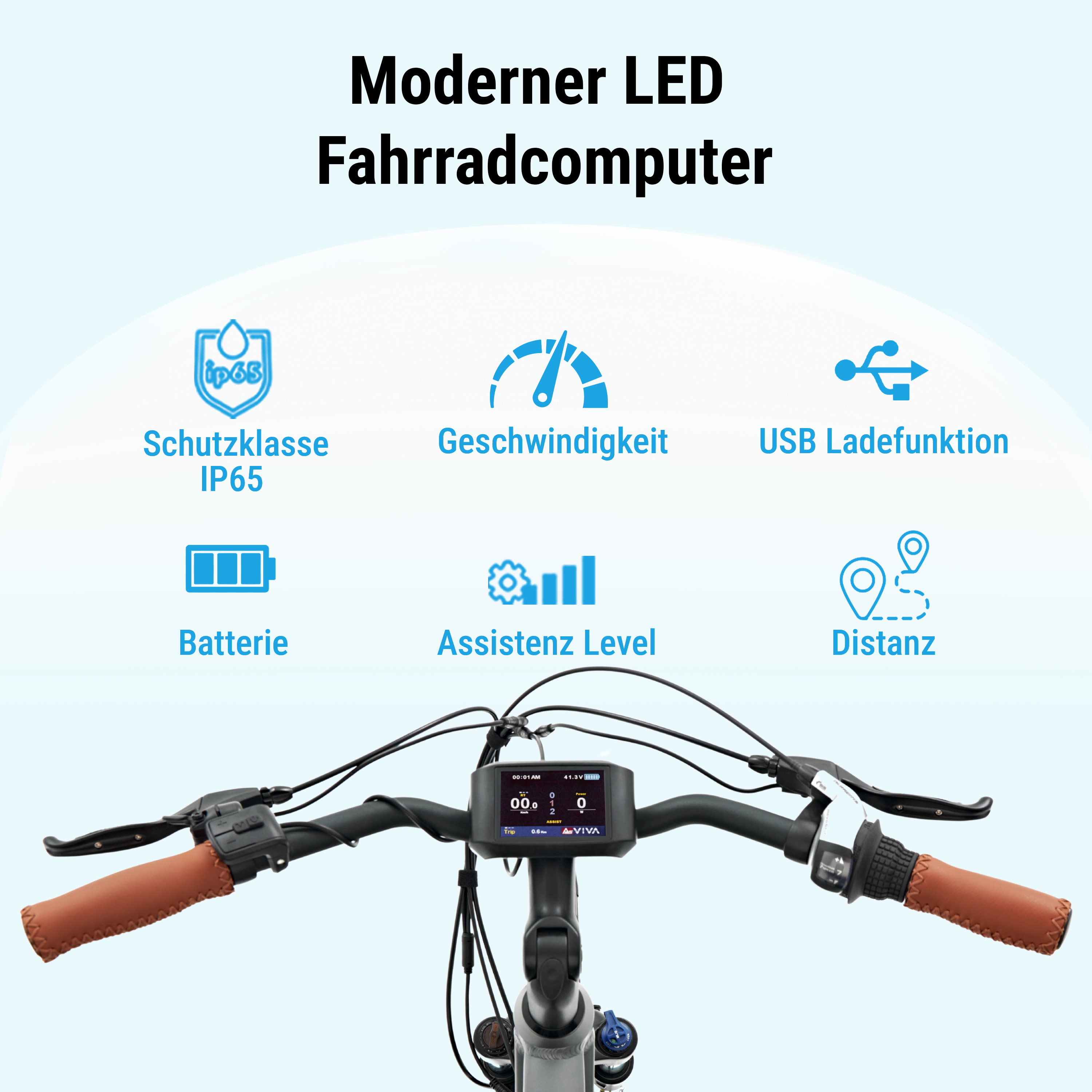 E-Bike-Lenker mit modernem LED-Computer und verschiedenen Anzeigeoptionen.