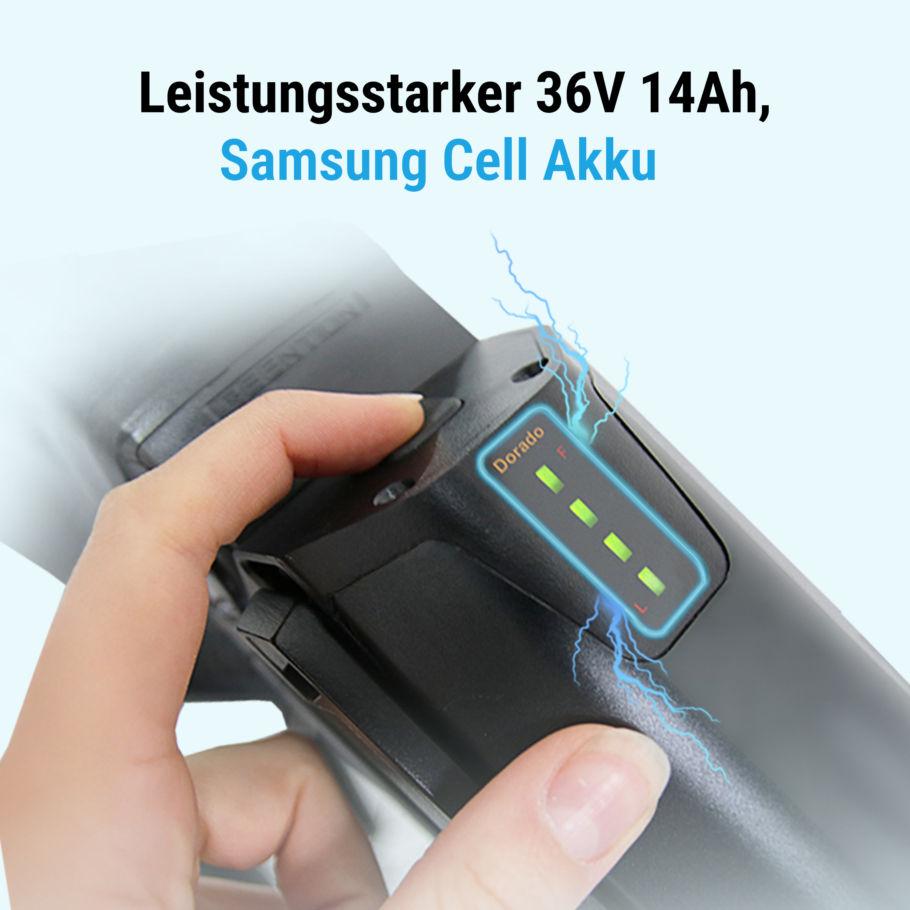 Nahaufnahme des E-Bike-Akkus. Text zeigt 36V 14Ah Samsung Zellen-Akku.