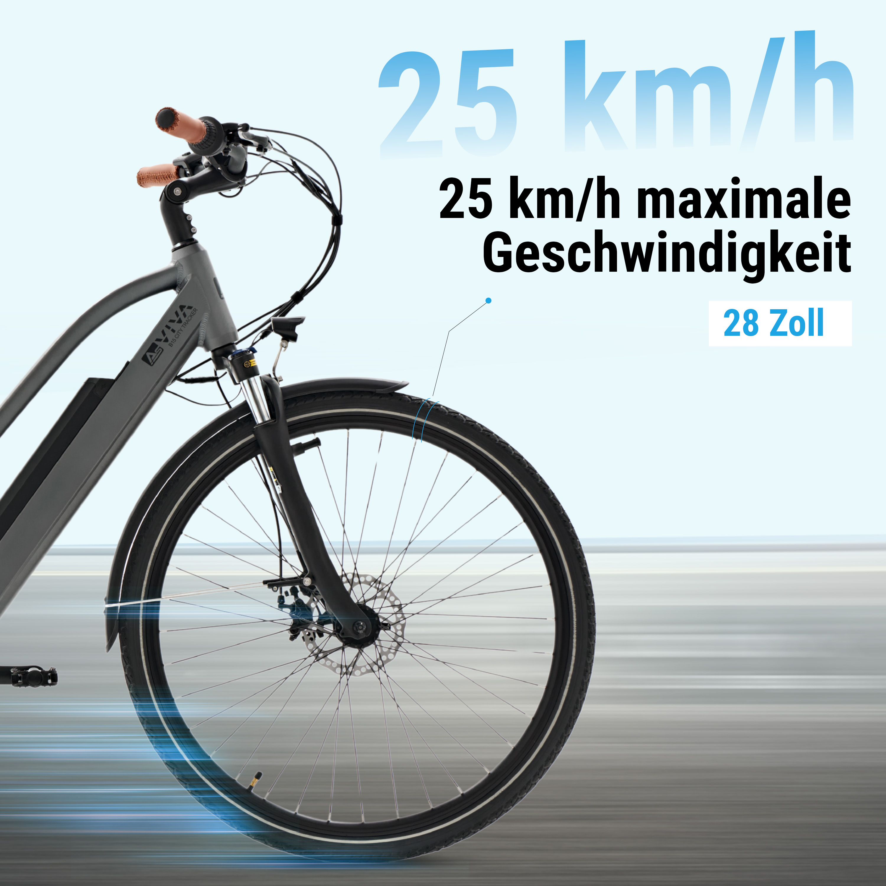 E-Bike-Rad-Nahaufnahme. Text zeigt 25 km/h Höchstgeschwindigkeit und 28 Zoll Radgröße.