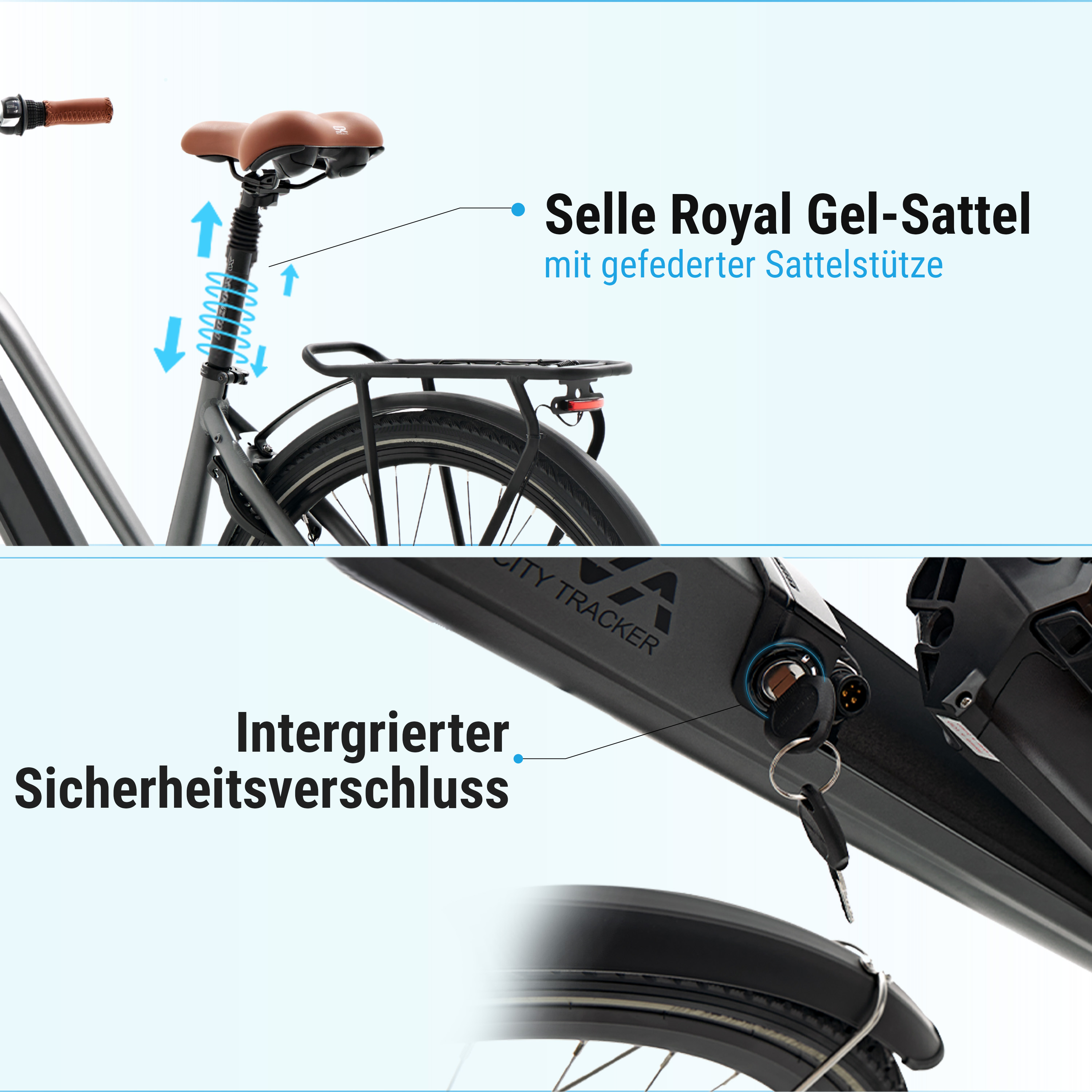 E-Bike-Komponenten: Sattel, Sattelstütze und integrierter Sicherheitsverschluss.