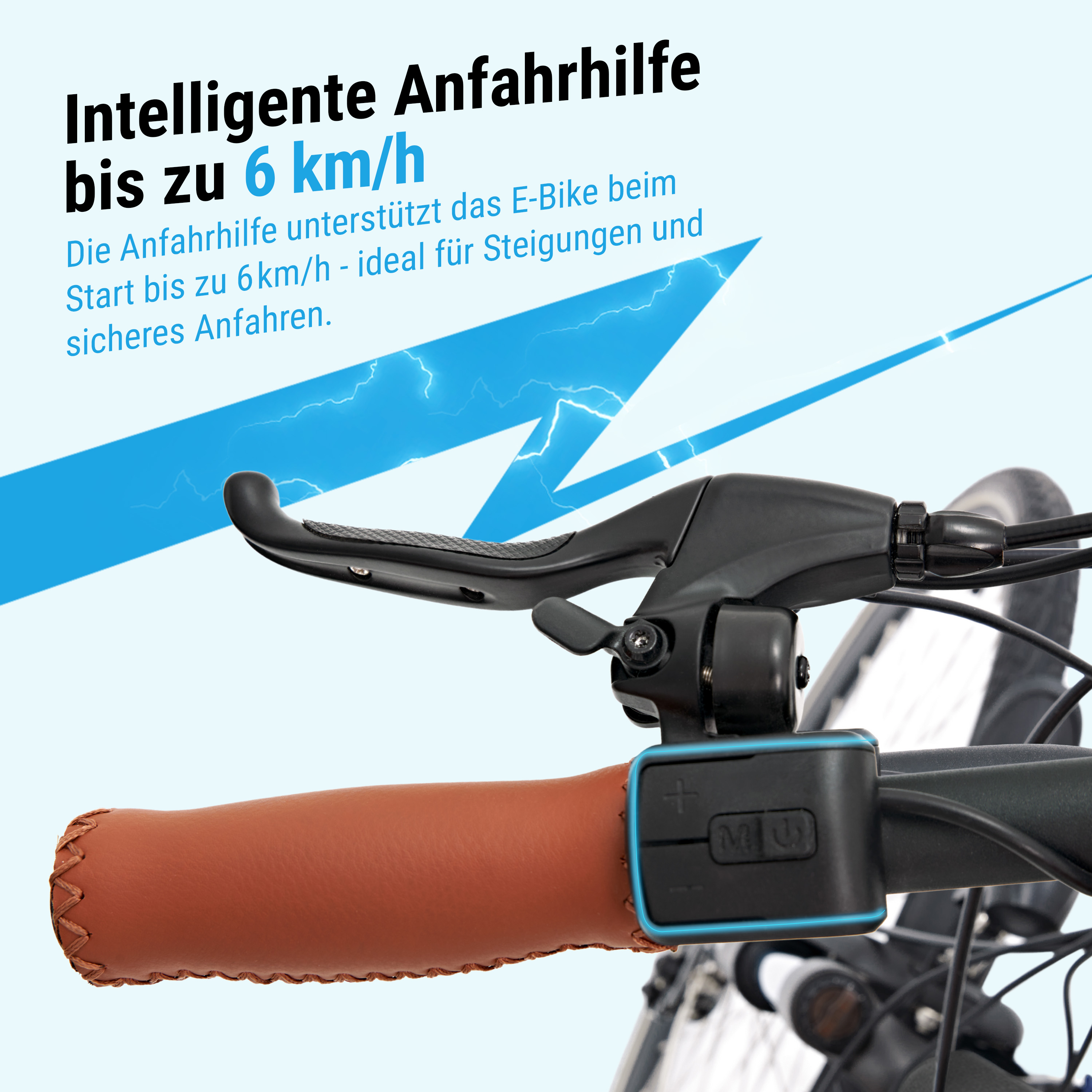 E-Bike-Lenker-Nahaufnahme mit Steuerhebel. Text zeigt Anfahrhilfe.