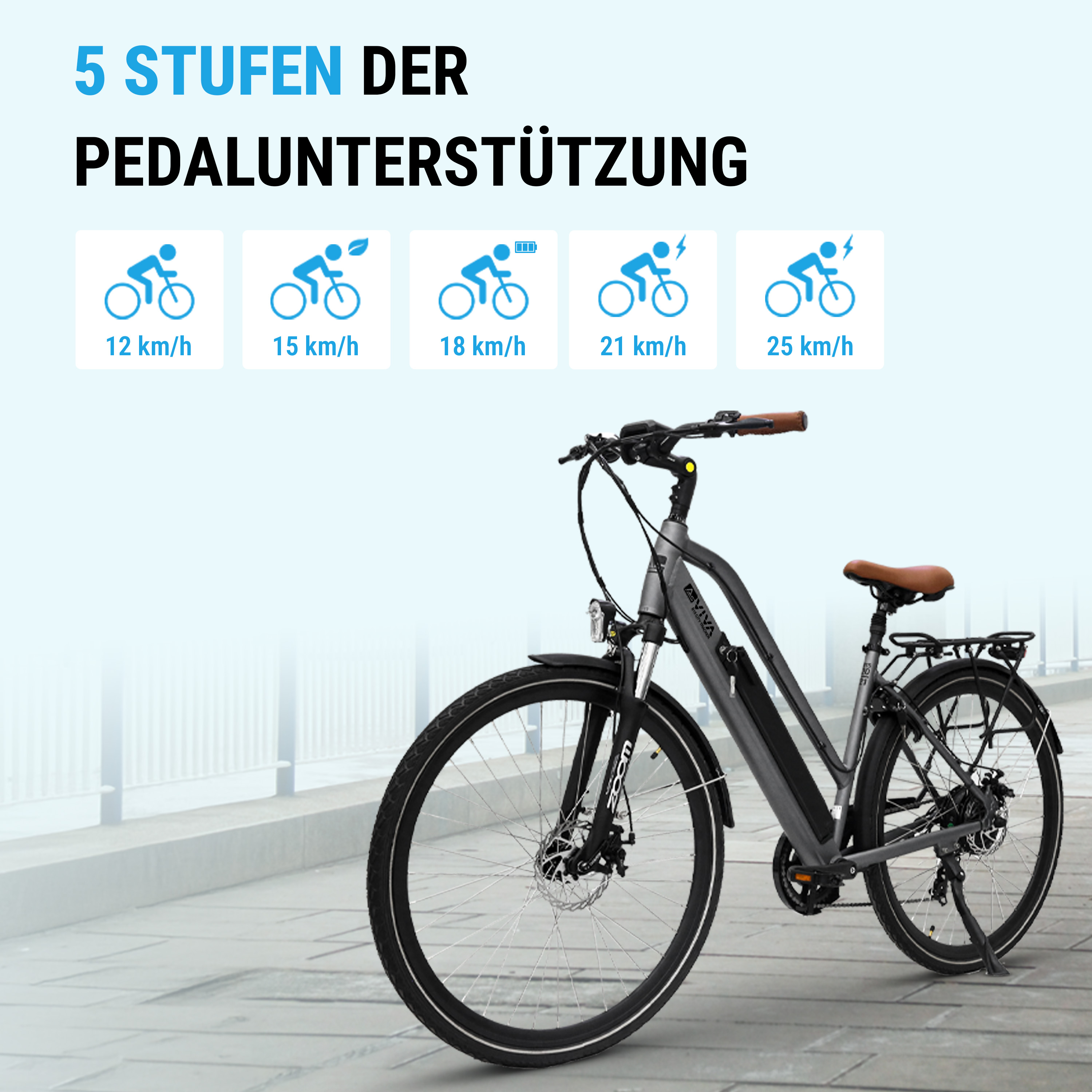Ein E-Bike mit 5 Pedalunterstützungsstufen, mit Geschwindigkeiten von 12 bis 25 km/h. Graues Fahrrad auf Bürgersteig.