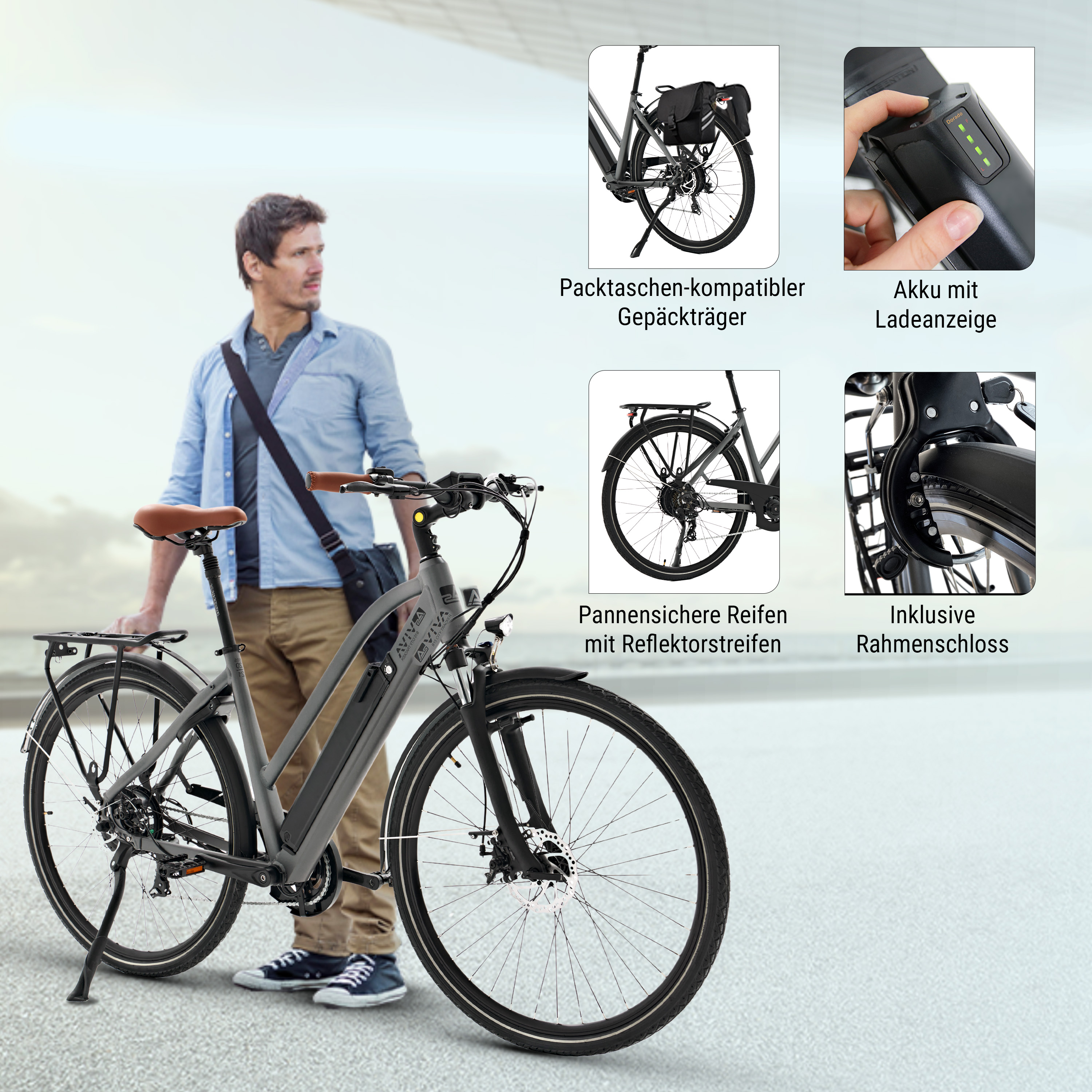 Mann steht mit grauem E-Bike. Verschiedene E-Bike-Features werden mit Text hervorgehoben.