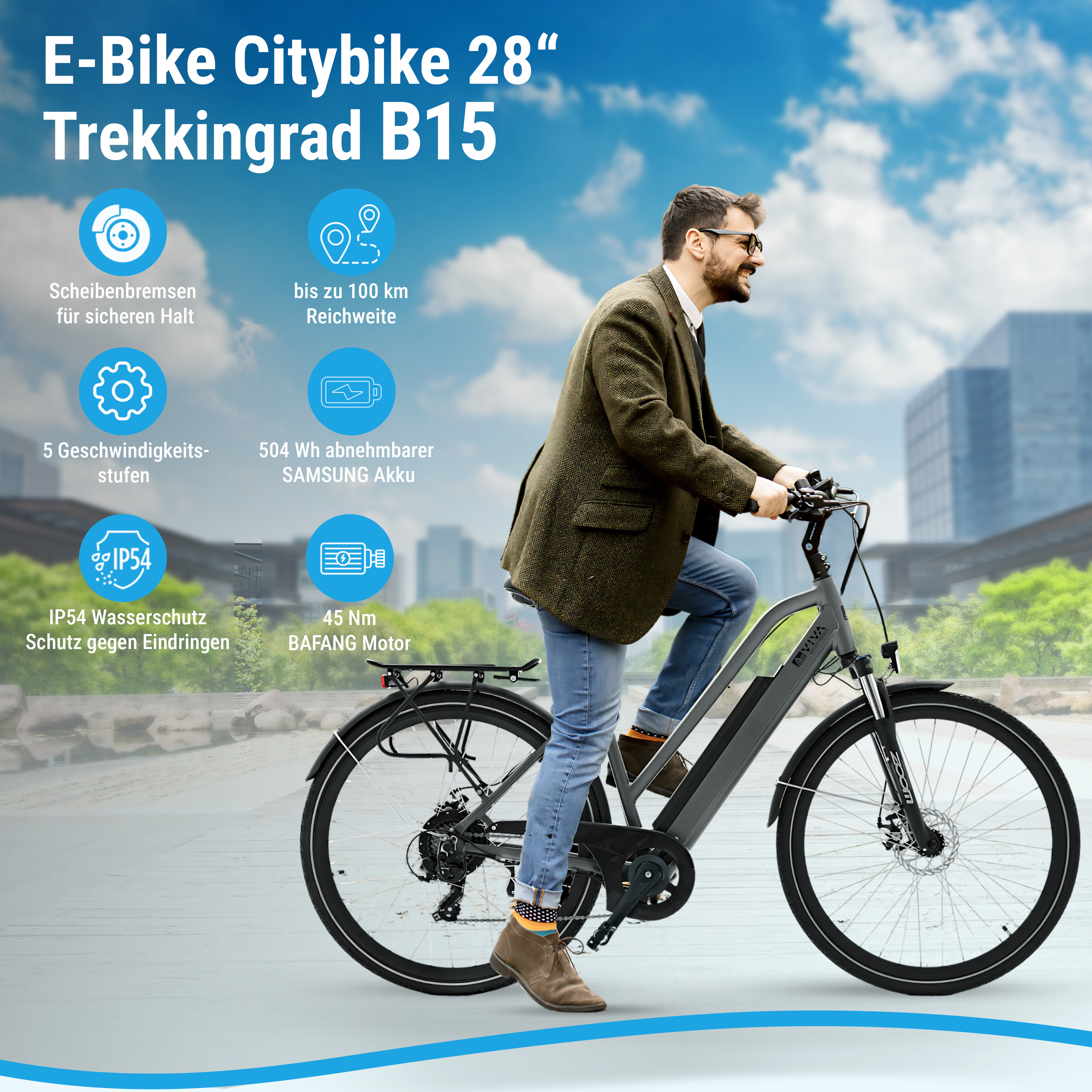Ein Mann fährt ein E-Bike. Gezeigte Merkmale: Scheibenbremsen, 5 Gänge, IP54 Wasserschutz, 100 km Reichweite, Akku.