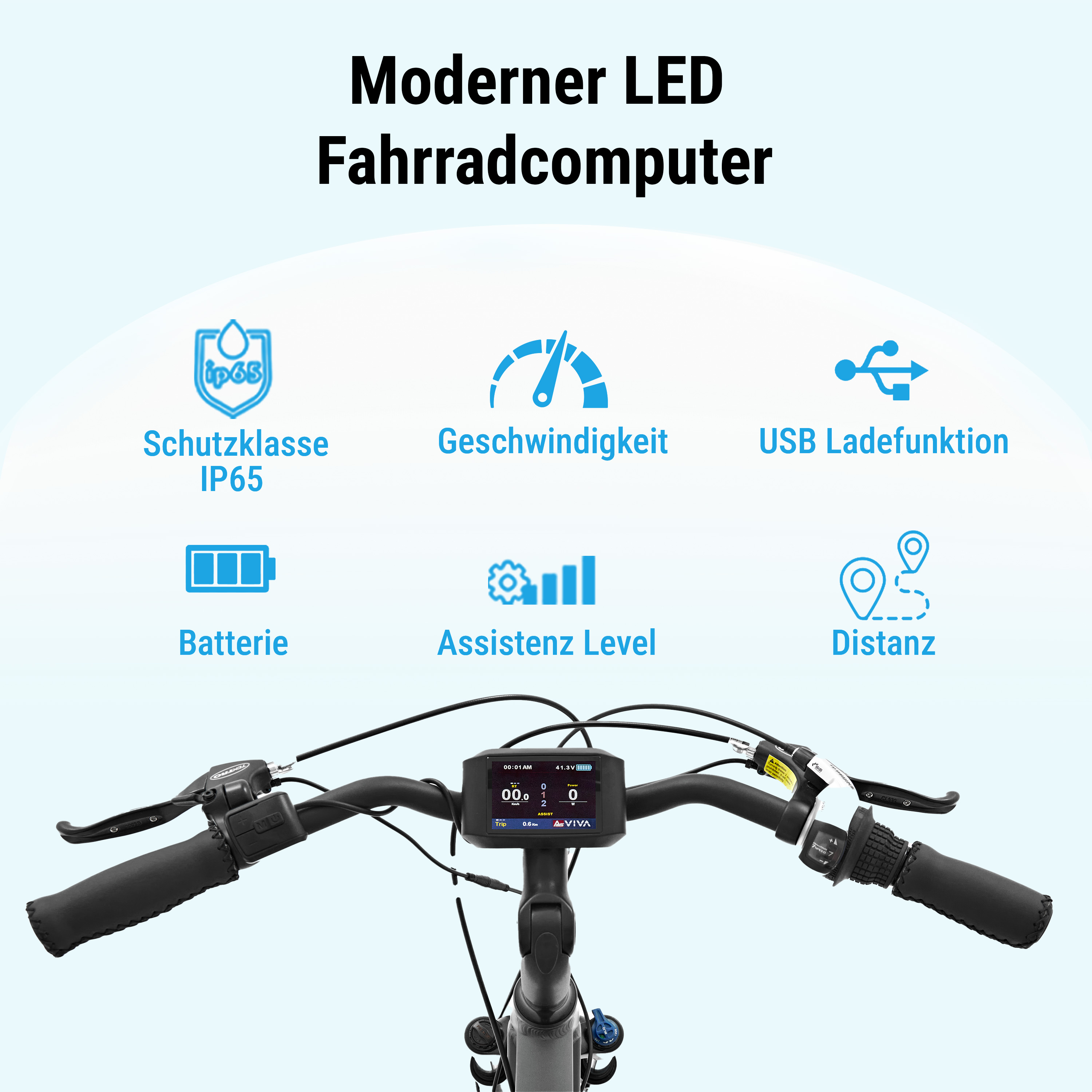 Nahaufnahme eines Fahrradlenkers mit Display, das Geschwindigkeit, Batterie, Unterstützungsstufe anzeigt. Schwarze und graue Details.