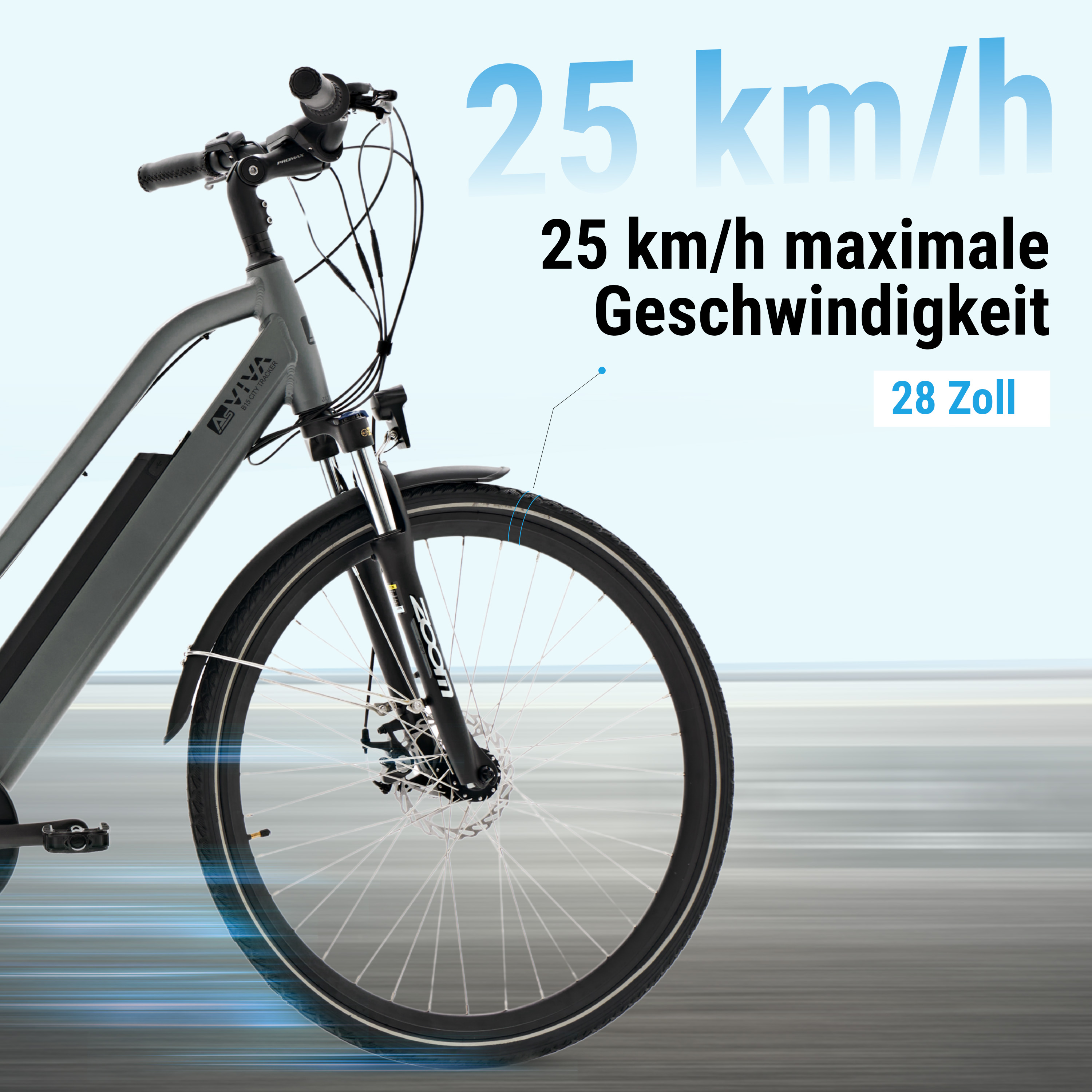 Ein graues Fahrrad mit einer Höchstgeschwindigkeit von 25 km/h und 28-Zoll-Rädern. Bewegungsunschärfe-Effekt.