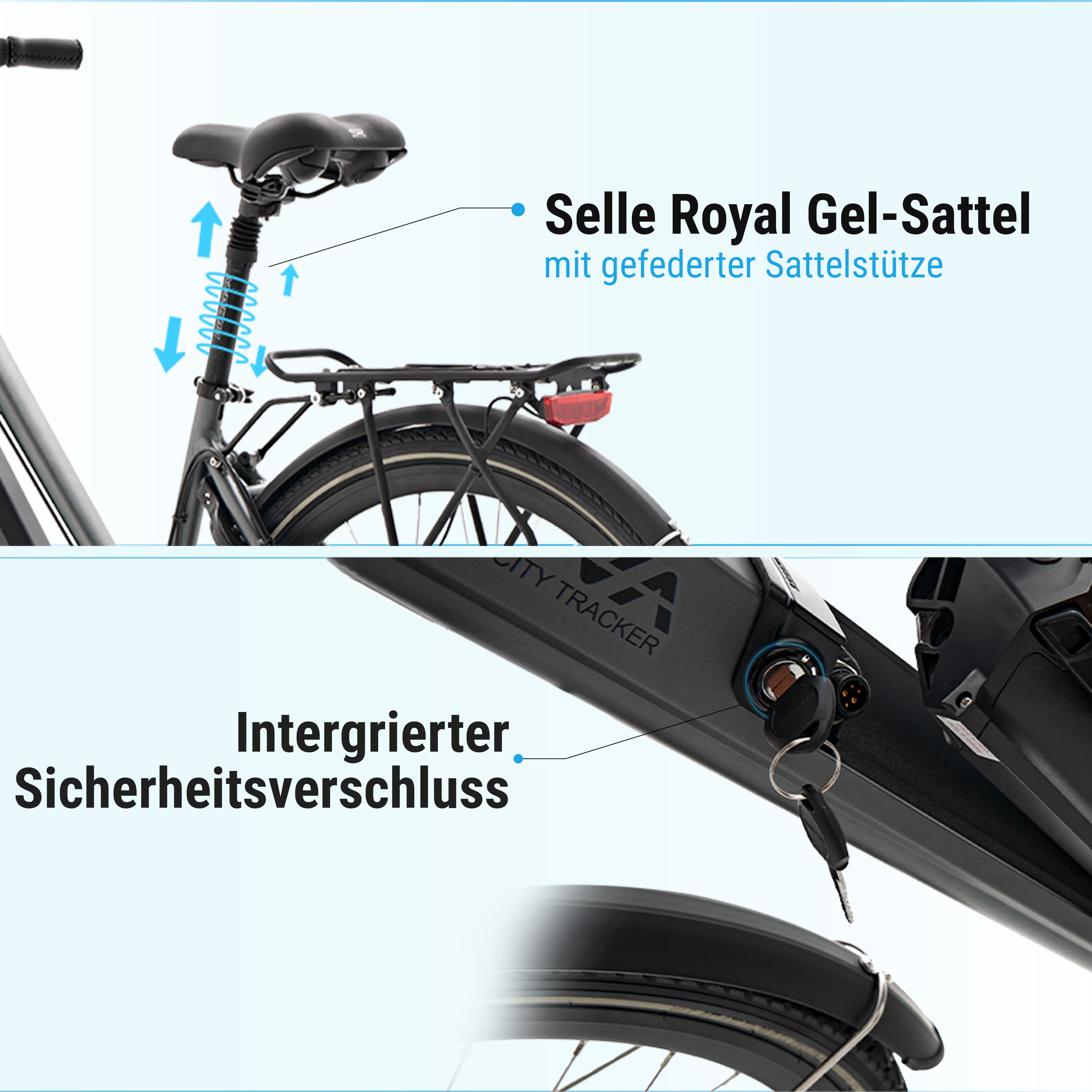 Fahrraddetails: Gel-Sattel mit Federung und integriertem Sicherheitsschloss. Schwarze Bike-Elemente.