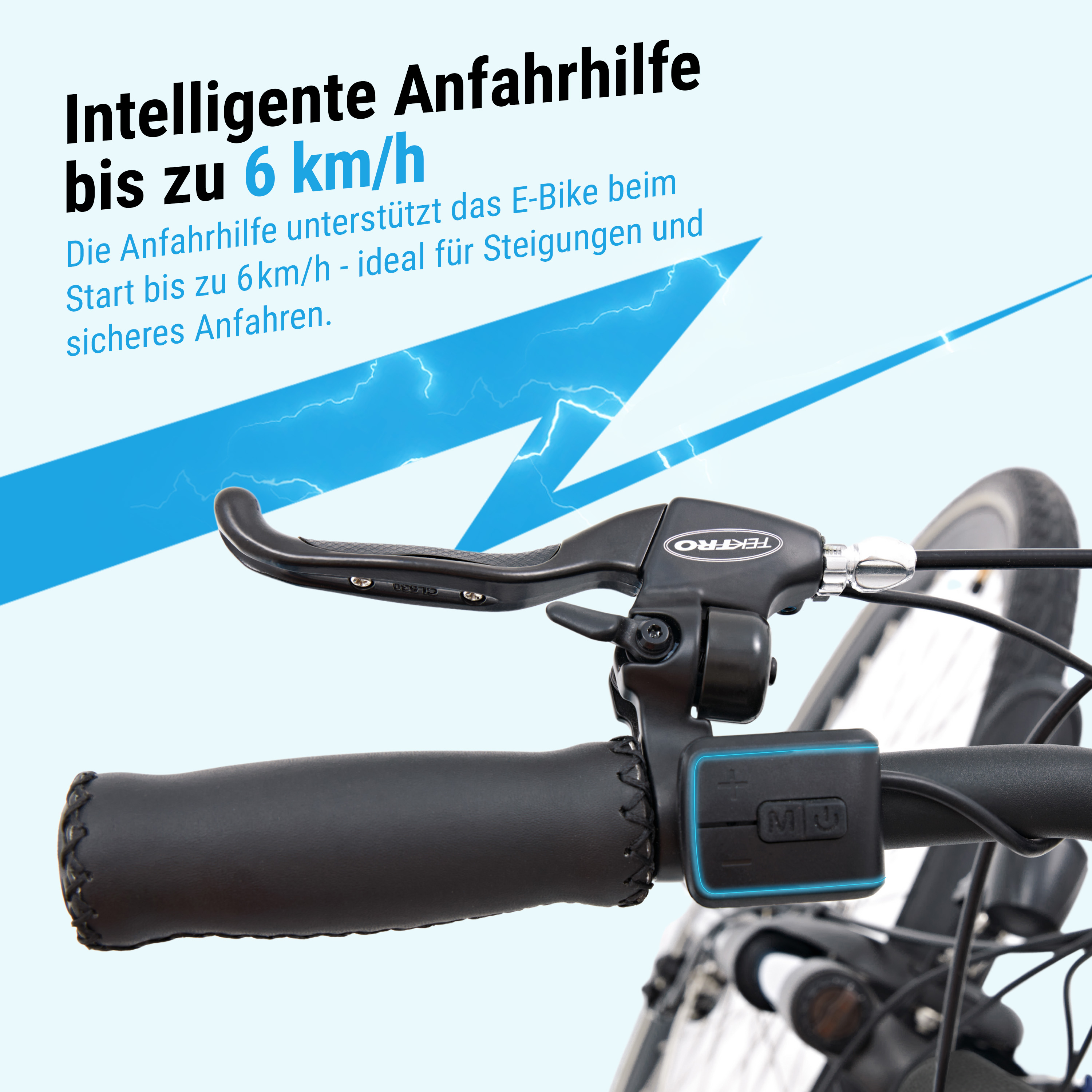 Nahaufnahme des Fahrradlenkers mit Anfahrhilfe bis zu 6 km/h. Schwarzer Lenker und blaues Bedienfeld.