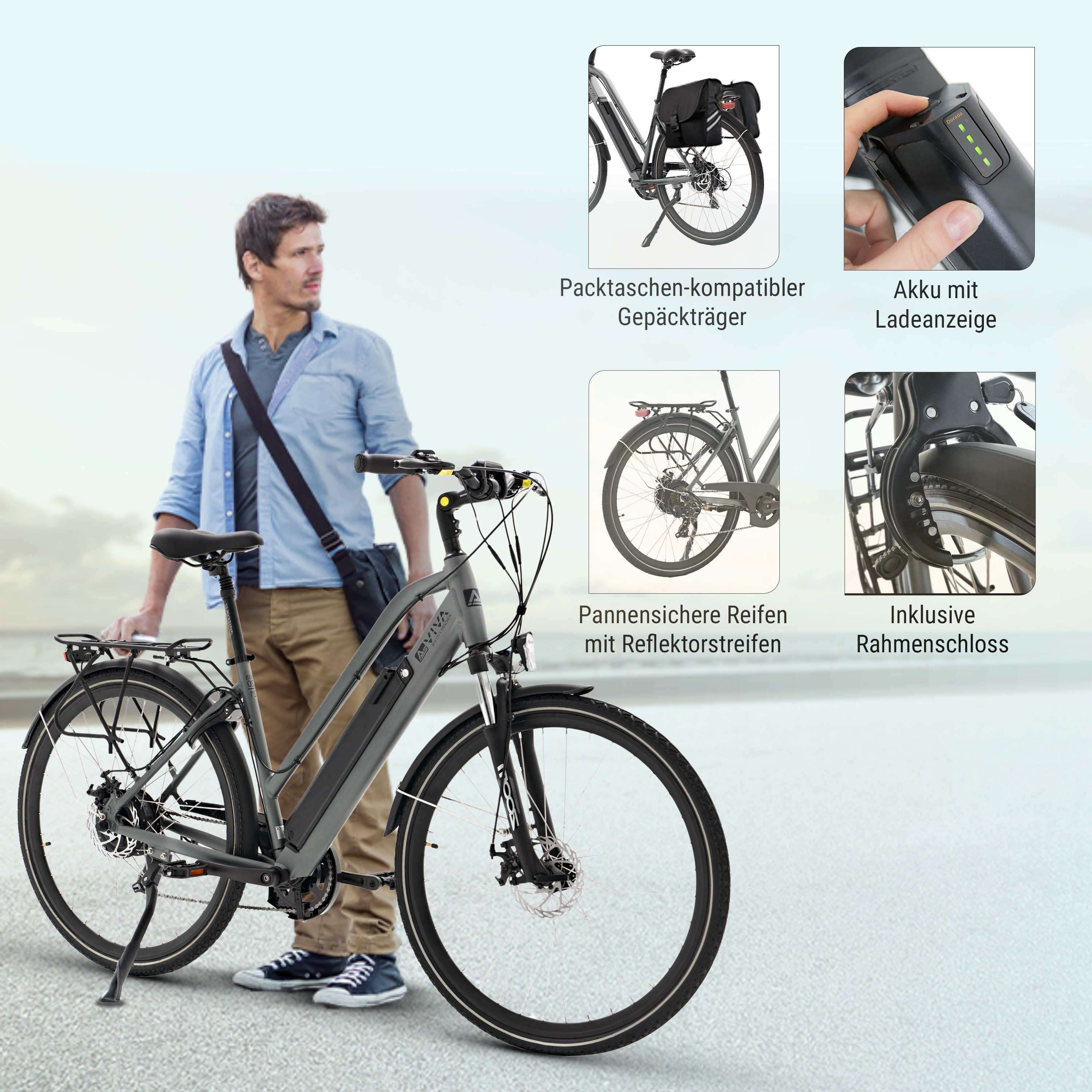Ein Mann mit einem E-Bike. Merkmale: Packtaschen, Ladeanzeige, reflektierende Reifen und Rahmenschloss.