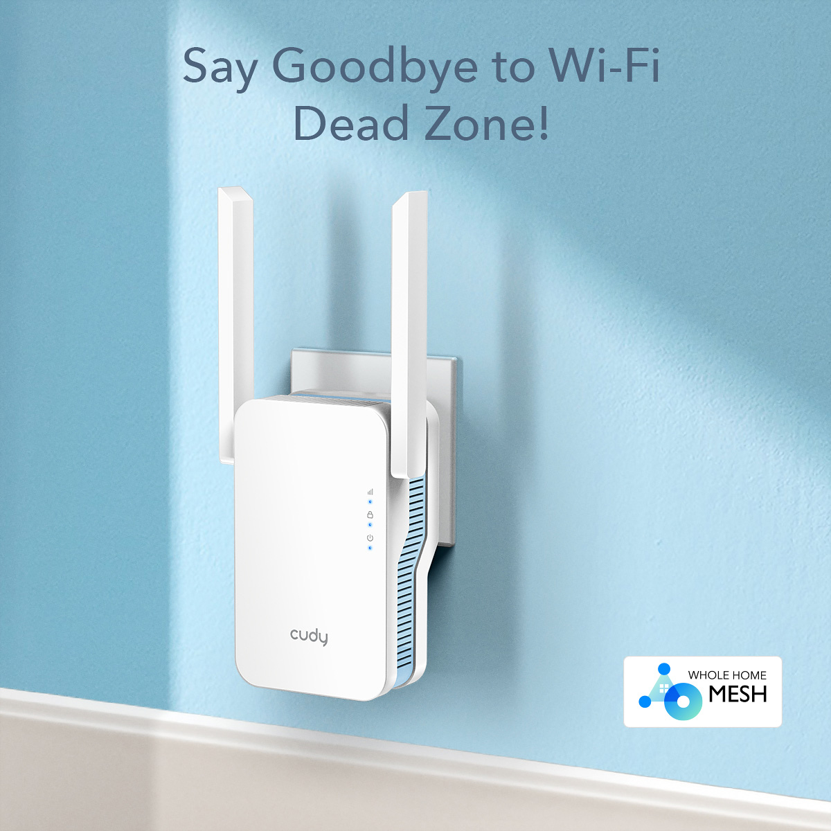 Biały wzmacniacz Wi-Fi z dwiema antenami na niebieskiej ścianie.