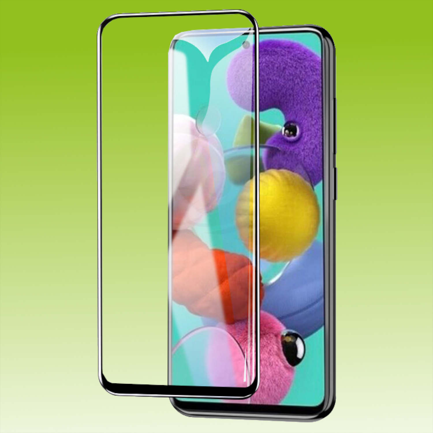 Telefono con protezione schermo. Lo schermo del telefono mostra uno sfondo colorato con icone.