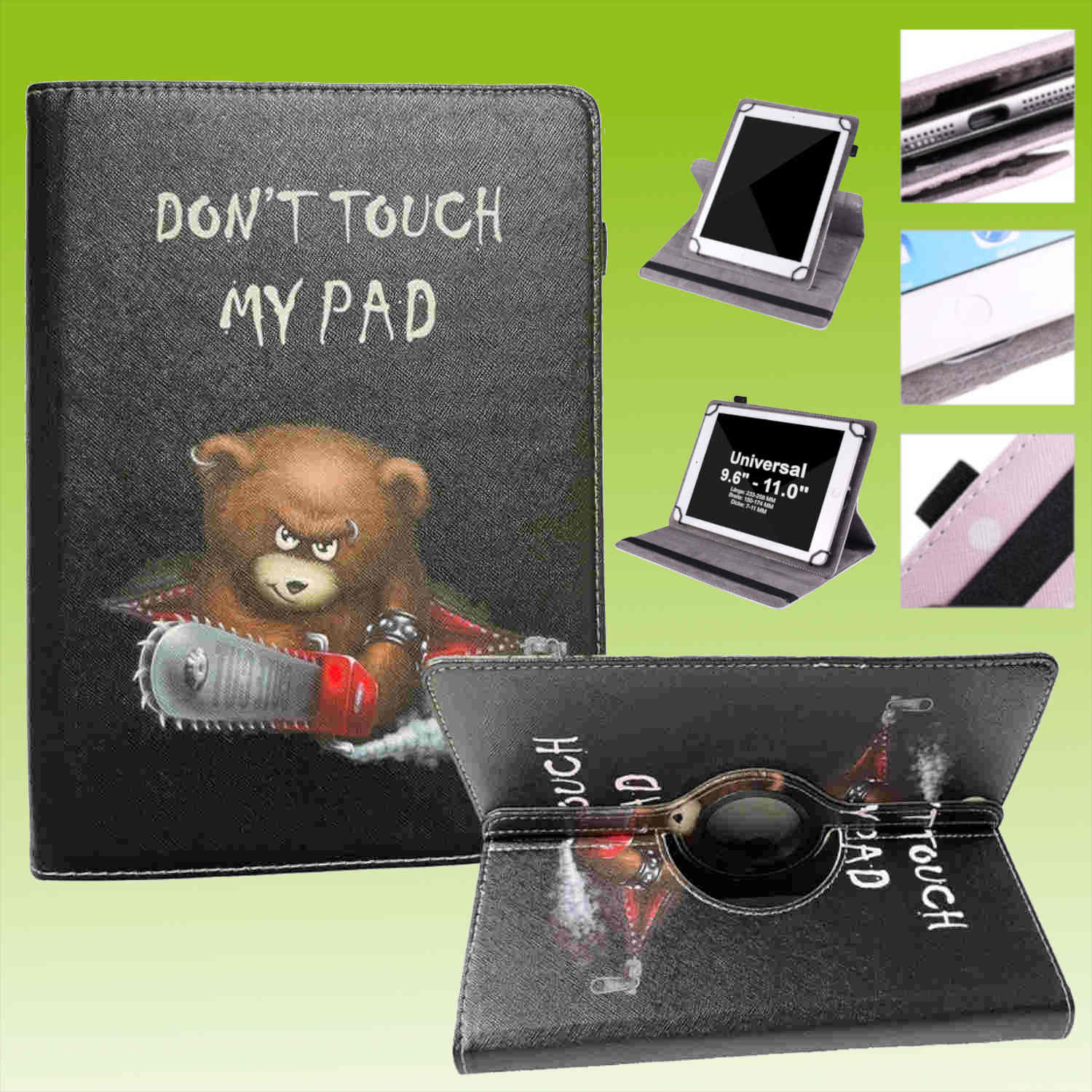 Tablet-Hülle mit Bär und Text, und ein Tablet werden gezeigt.