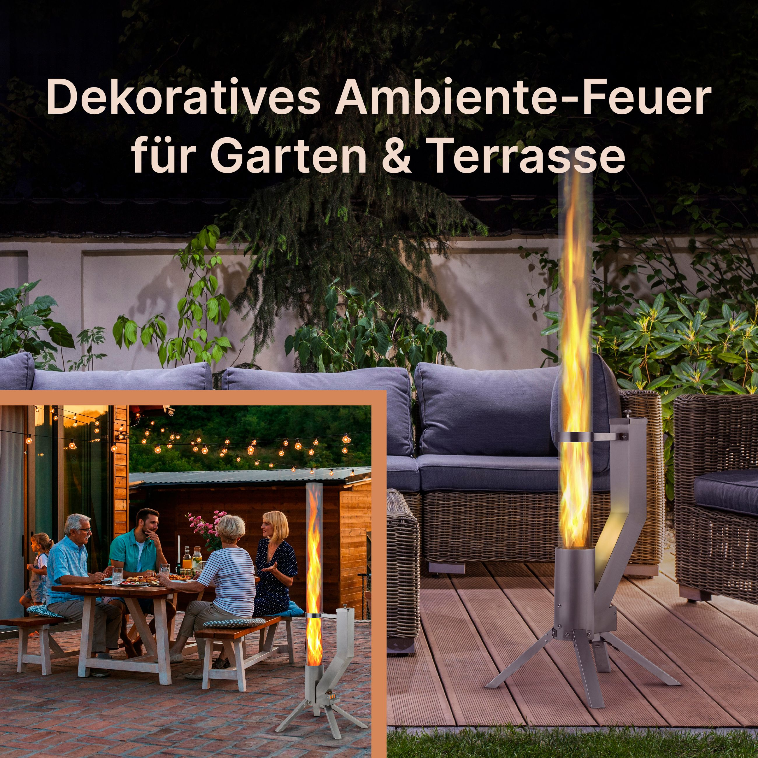 Szene im Freien mit modernem Kamin. Eine Familie sitzt am Tisch am Feuer. Text: 'Dekoratives Ambiente-Feuer für Garten & Terrasse'.