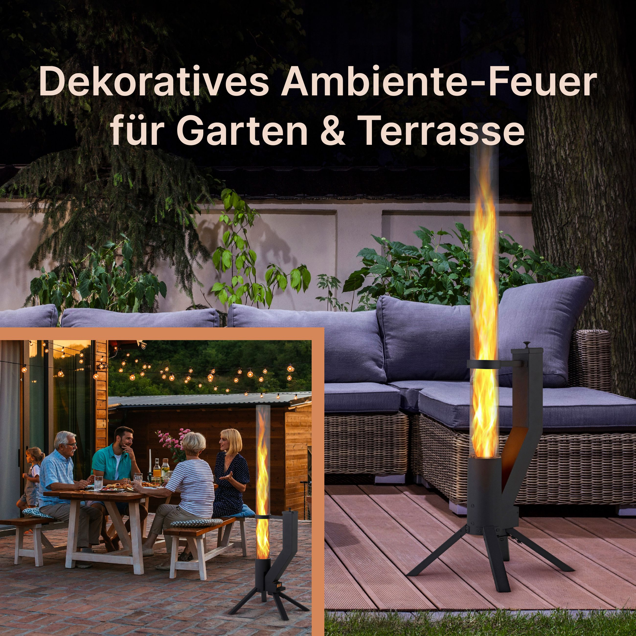 Ein dekoratives Außenfeuer mit Flammen. Im Hintergrund sitzen Menschen um einen Tisch.