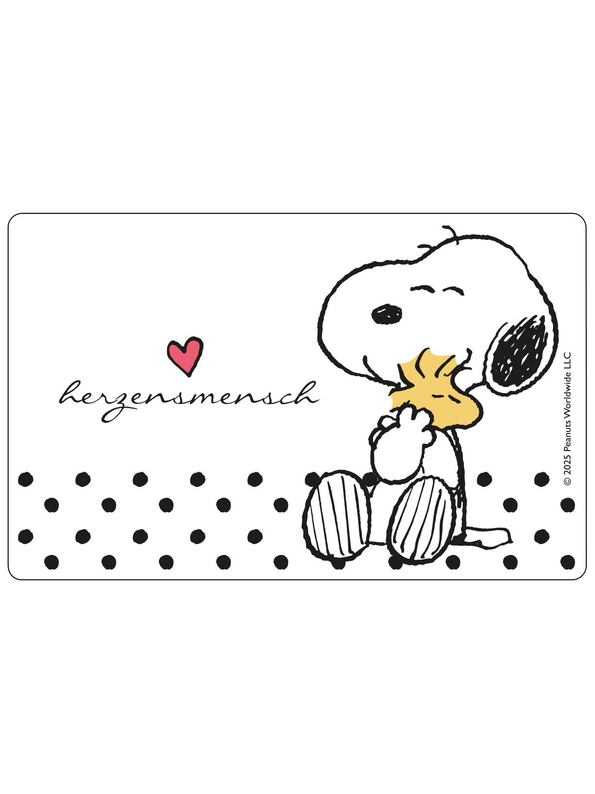 Snoopy isst einen Keks neben dem Wort 'Herzensmensch' und einem Herz.