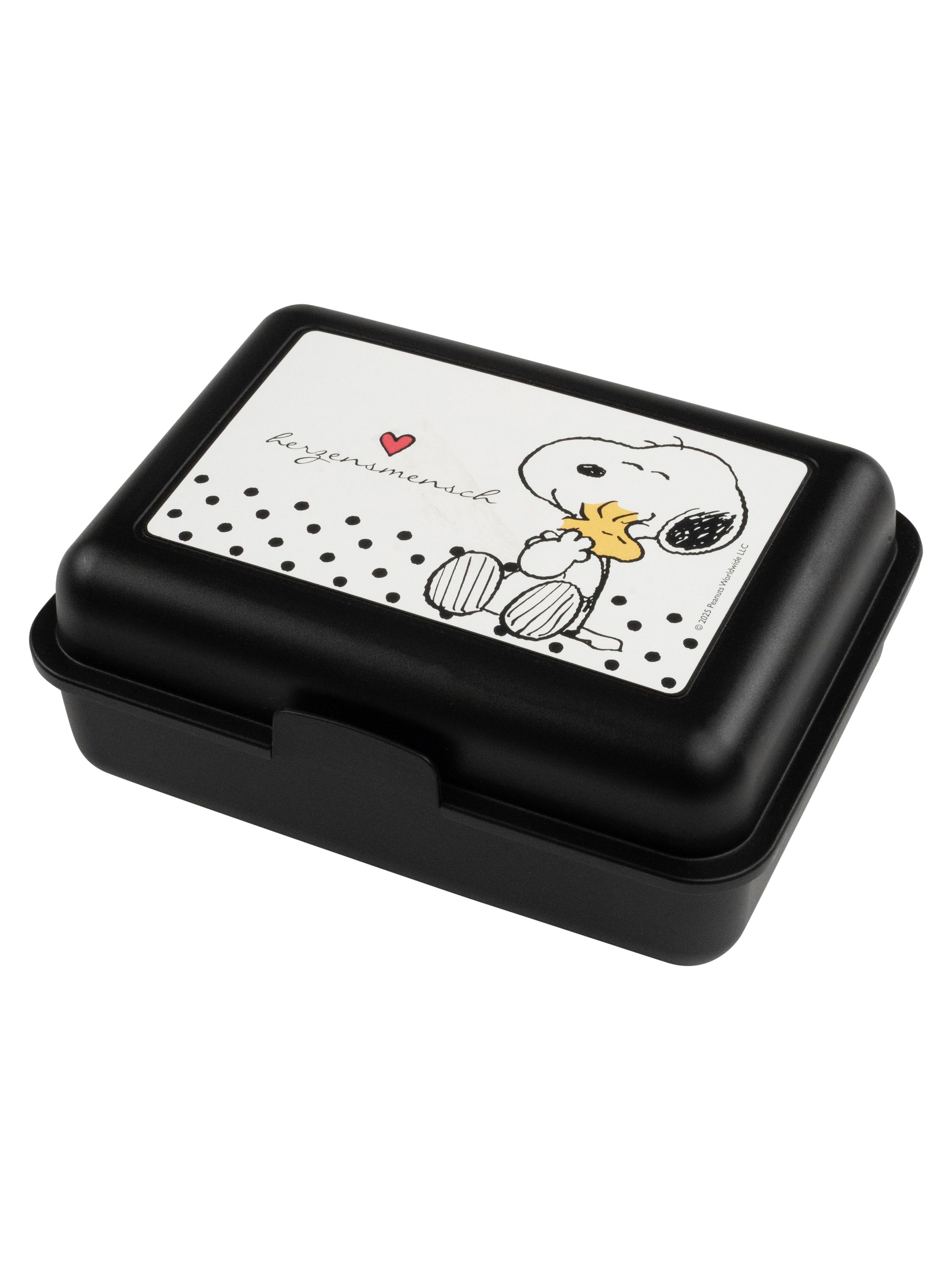 Schwarze Brotdose mit Snoopy-Design. Snoopy hält eine gelbe Blume. Der Text lautet 'Herzensmensch' mit einem roten Herzen.