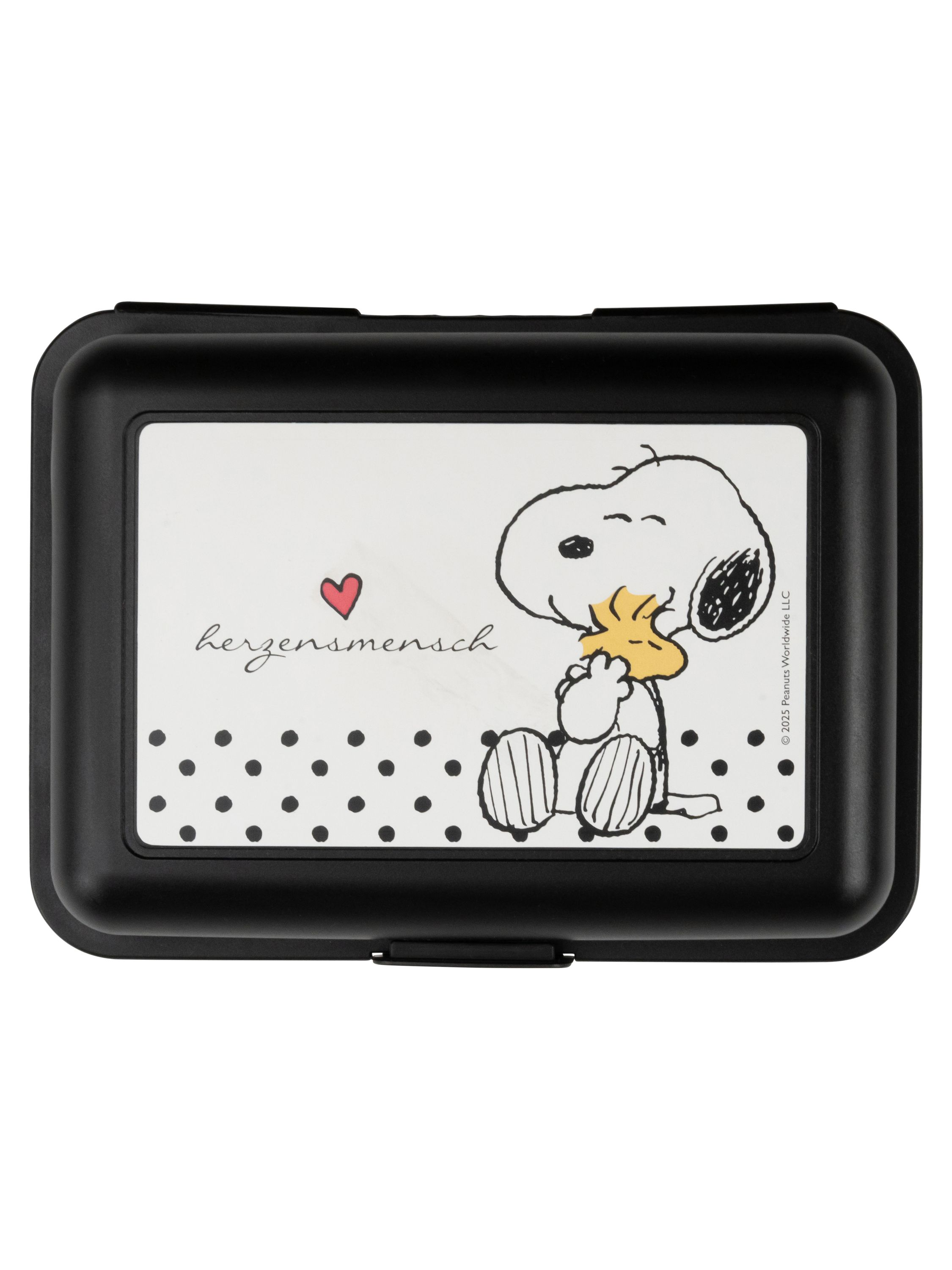 Schwarze Brotdose mit Snoopy-Design. Snoopy hält eine gelbe Blume. Der Text lautet 'Herzensmensch' mit einem roten Herzen.