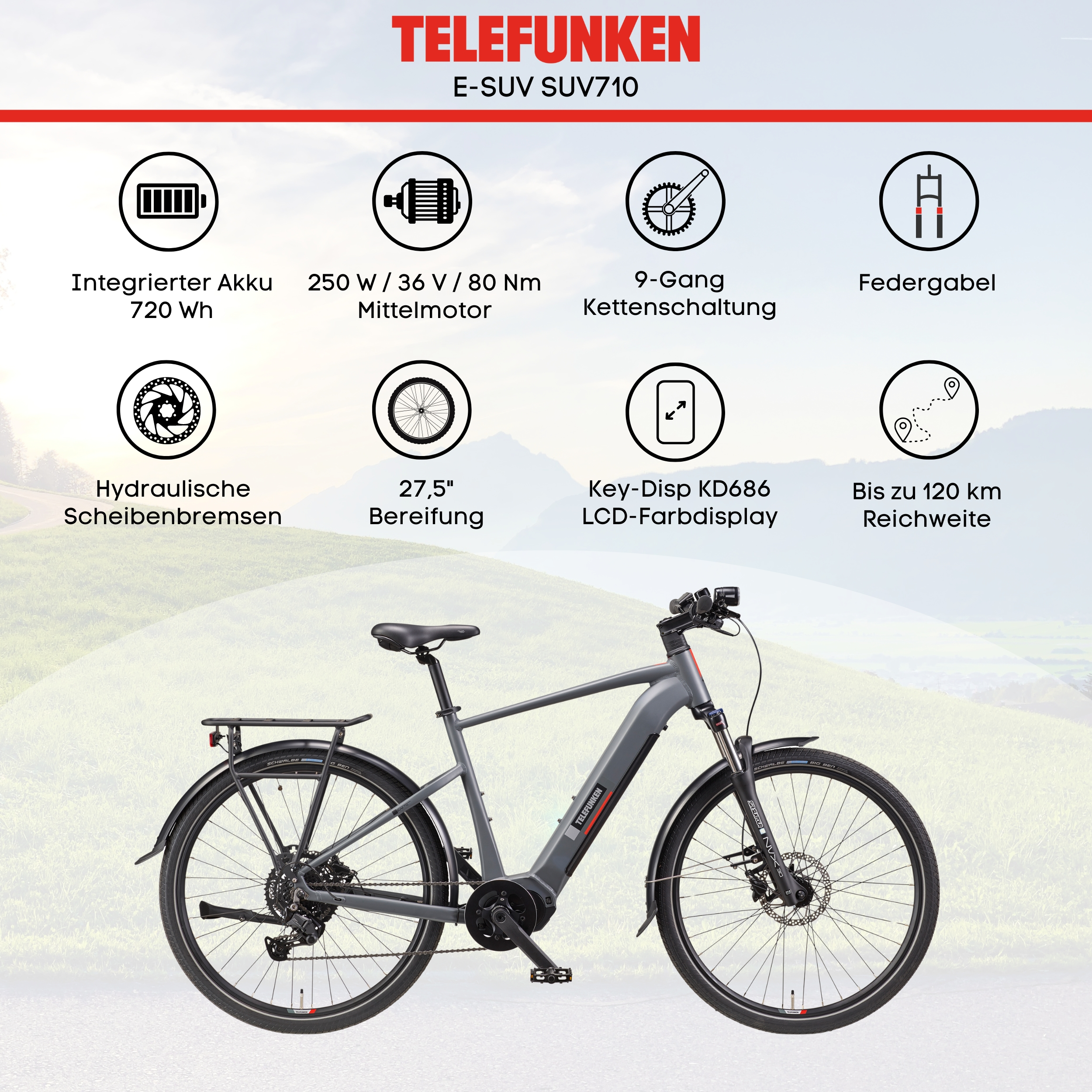 Ein graues Telefunken E-Bike auf einem grünen Hügel. Es zeigt verschiedene Details und ein rotes Logo.