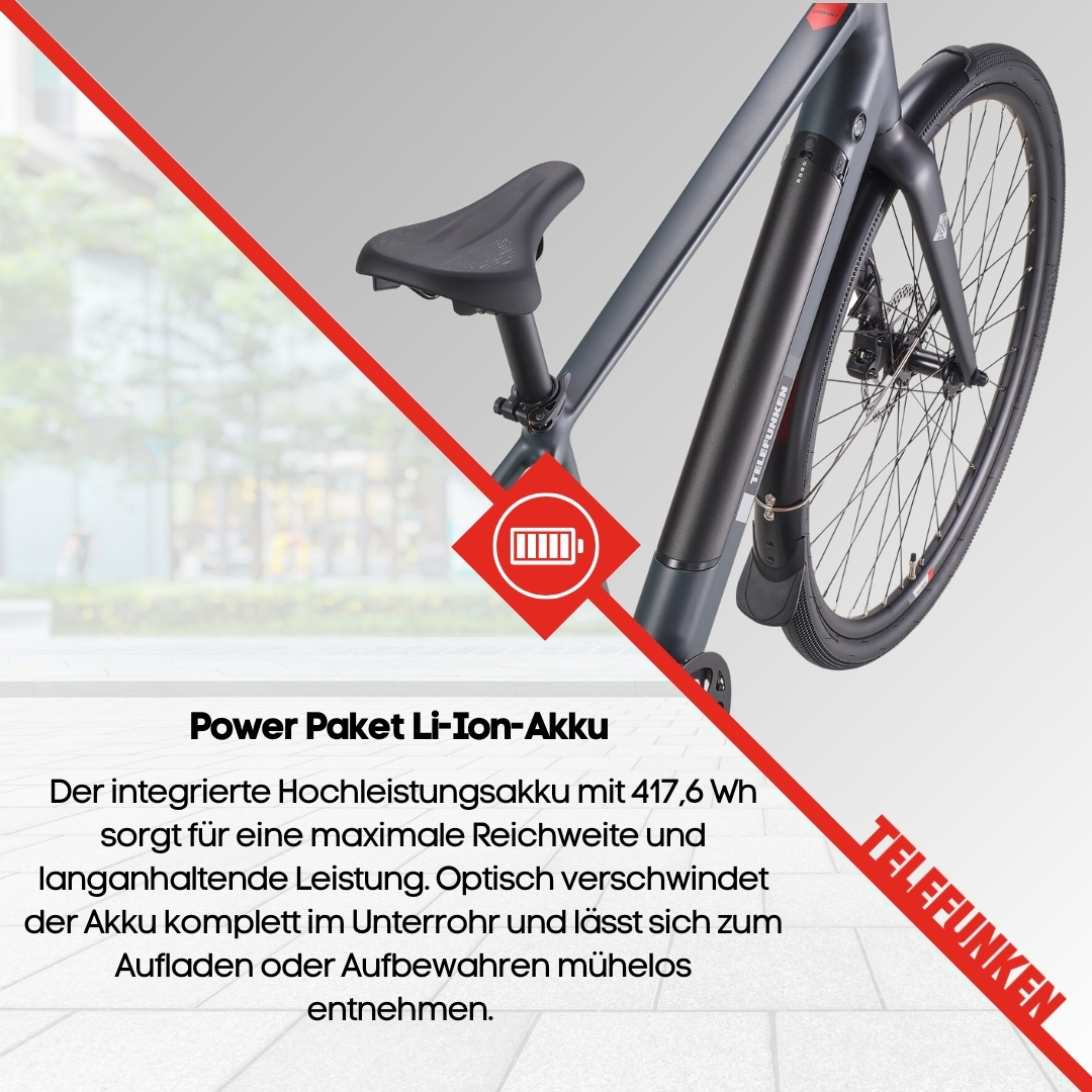 Graues E-Bike mit schwarzem Akku, Sitz und Reifen. Rote Akzente und Telefunken-Logo sind sichtbar.