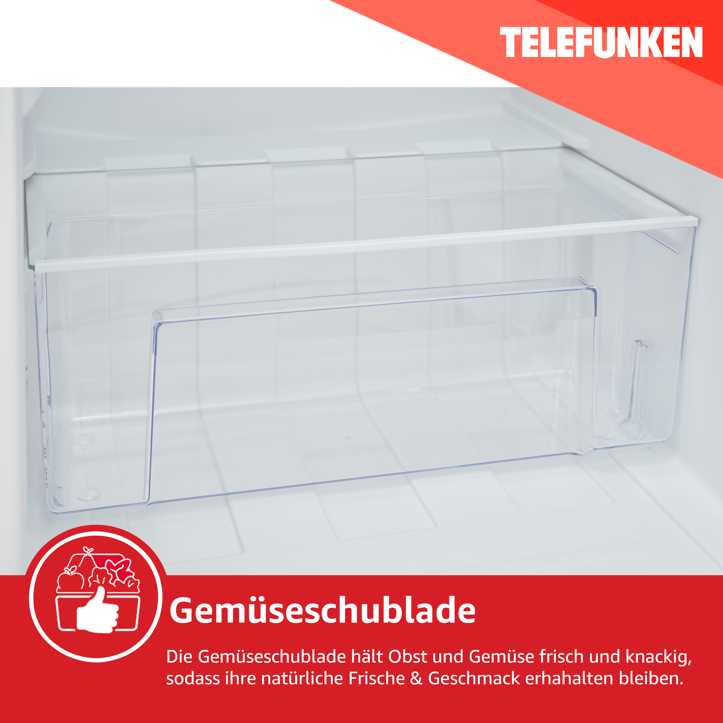 In einem Kühlschrank eine klare Gemüseschublade. Text besagt, dass sie Obst und Gemüse frisch hält.