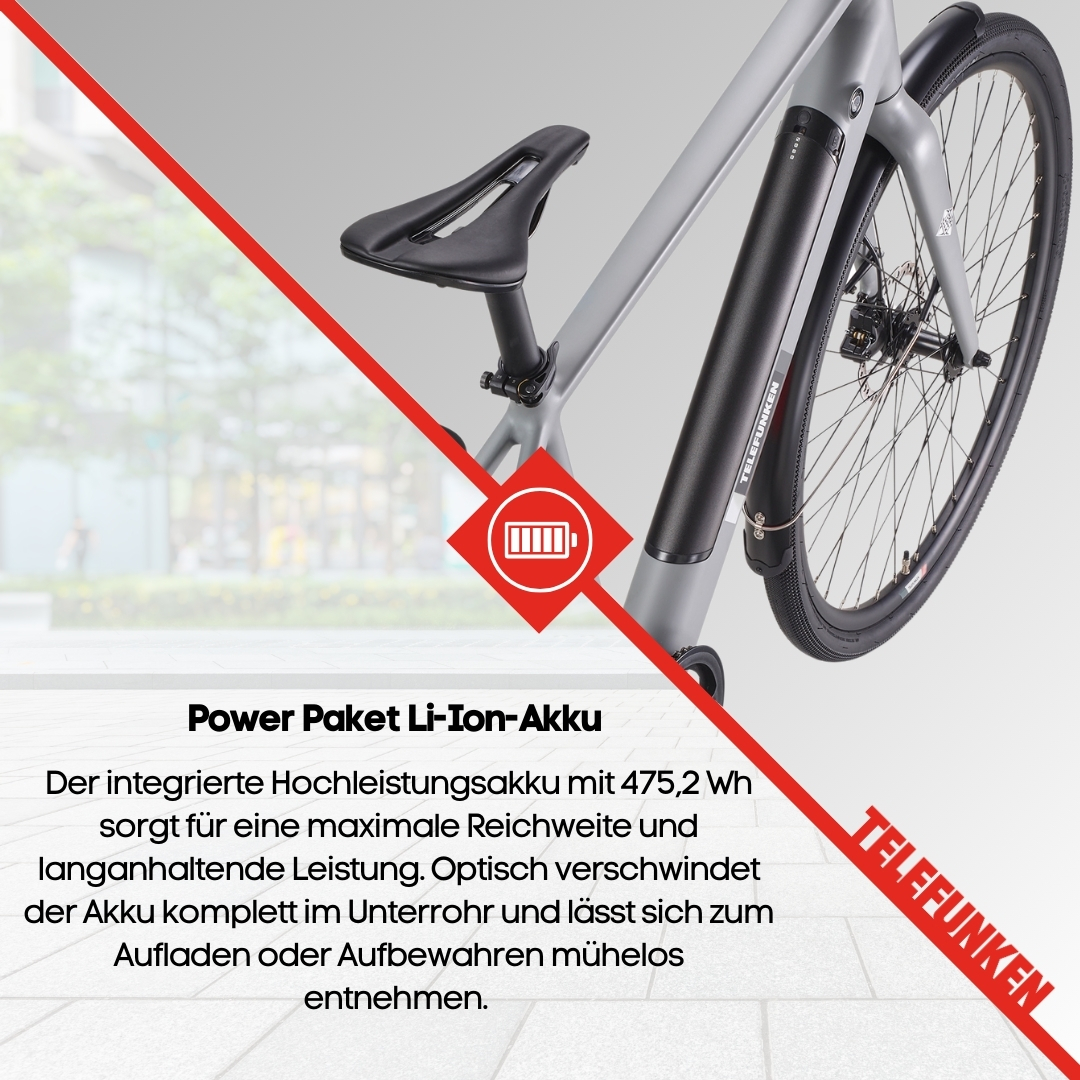 Graues Fahrrad mit schwarzen Komponenten. Text über die Batterie.