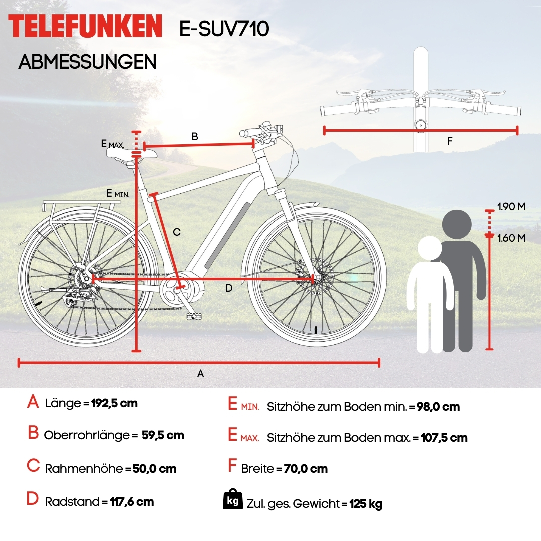 Diagramm eines E-Bikes mit beschrifteten Abmessungen. Zeigt Länge, Sitzhöhe und Breite mit Messungen.