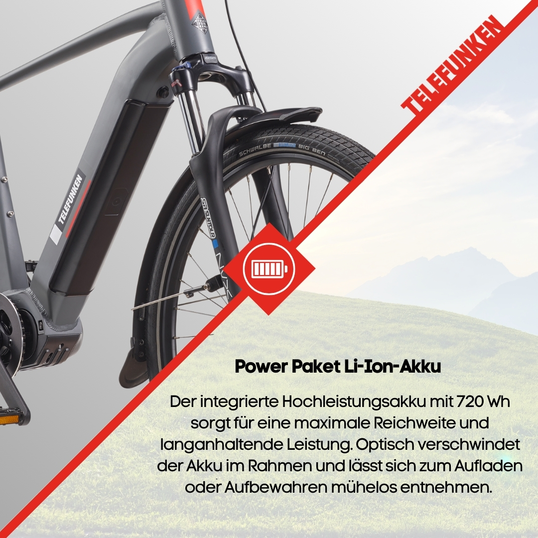 Graues Fahrrad mit schwarzen Komponenten. Text über die Batterie.