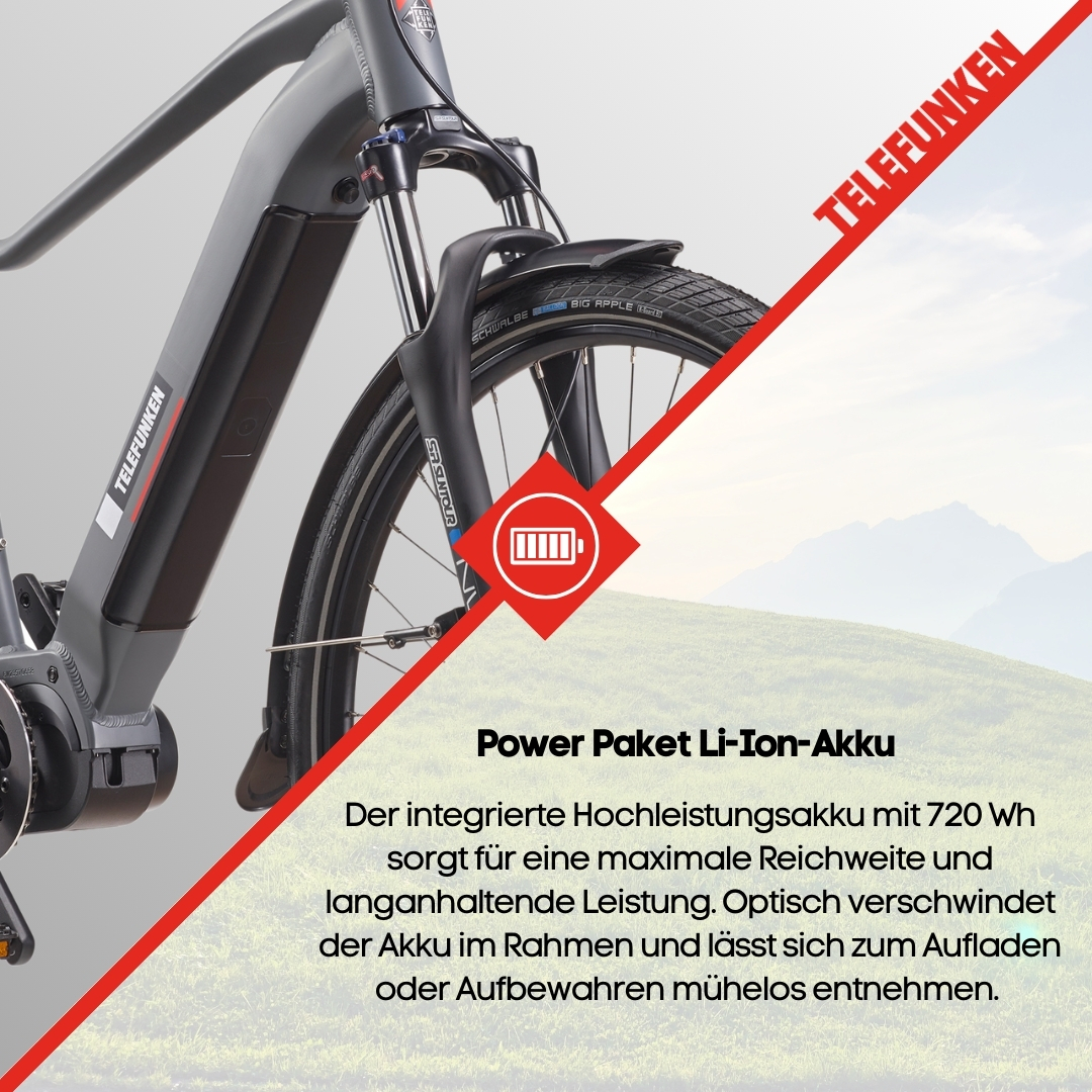 Nahaufnahme eines Elektrofahrrads mit rotem Akzent. Text auf Deutsch über den Akku.