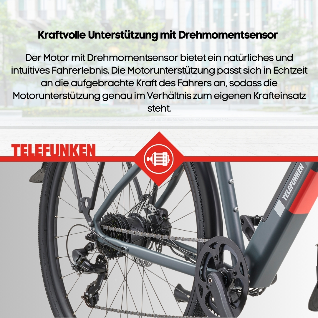 Ein Elektrofahrrad mit Text über Drehmomentsensor. Das Fahrrad ist grau und rot, mit Fokus auf die Gänge.