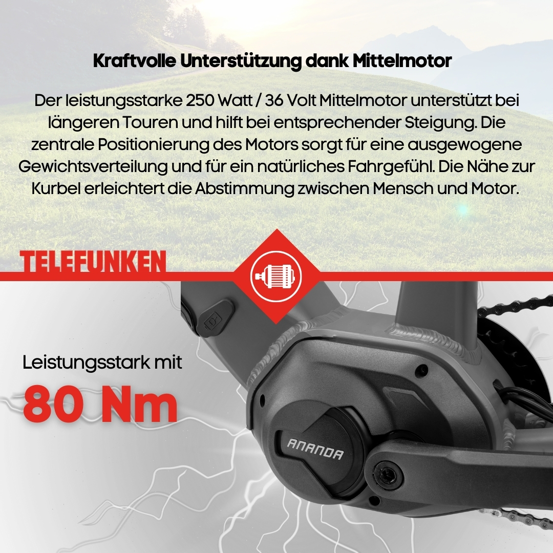 Nahaufnahme eines schwarzen Fahrradmotors mit dem Wort ANANDA. Der Text lautet '80 Nm' in Rot.