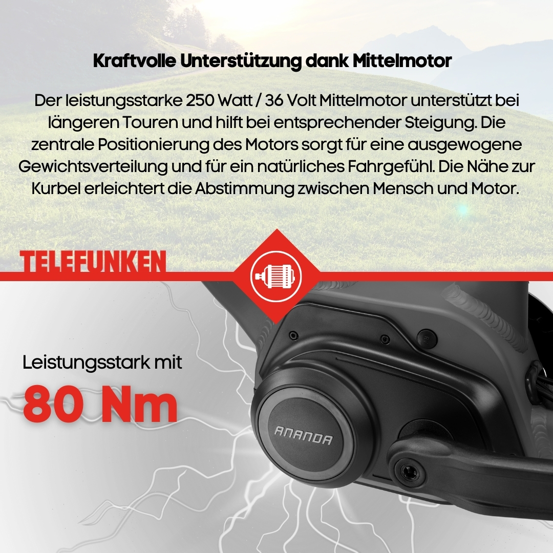 Nahaufnahme eines Elektromotors für Fahrräder mit Text und Logo auf hellem Hintergrund.