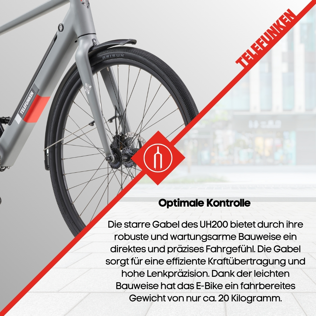 Graues Elektrofahrrad mit roten Akzenten. Text-Overlay mit deutschem Text über das Fahrrad und eine rote abgewinkelte Grafik.