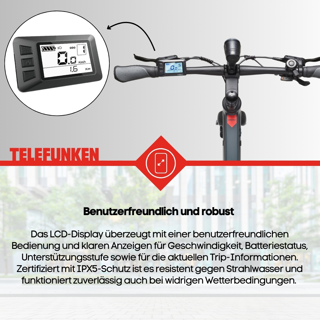 E-Scooter-Display. Text zeigt Geschwindigkeit, Akku und andere Metriken. Rotes Logo mit weißem Text.