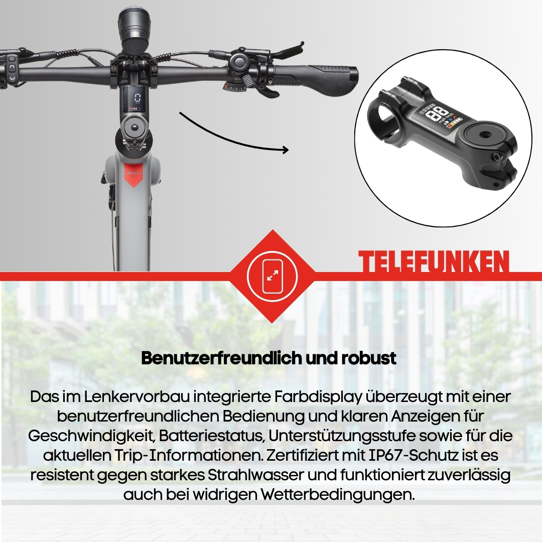 Ein E-Scooter mit Display, das Informationen über die Geschwindigkeit zeigt.