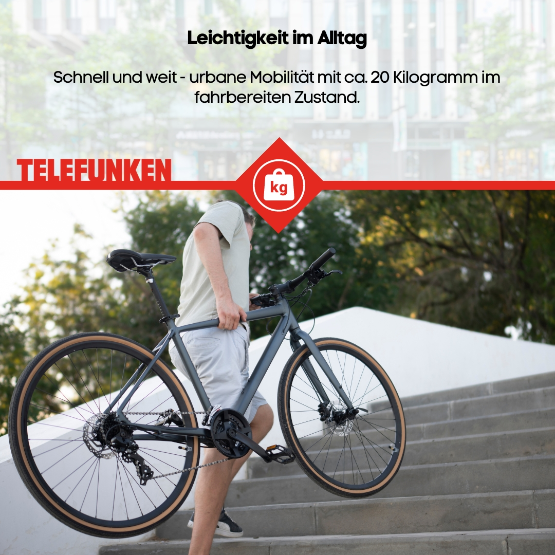 Person trägt Fahrrad die Treppe hoch. Es ist ein graues Fahrrad.
