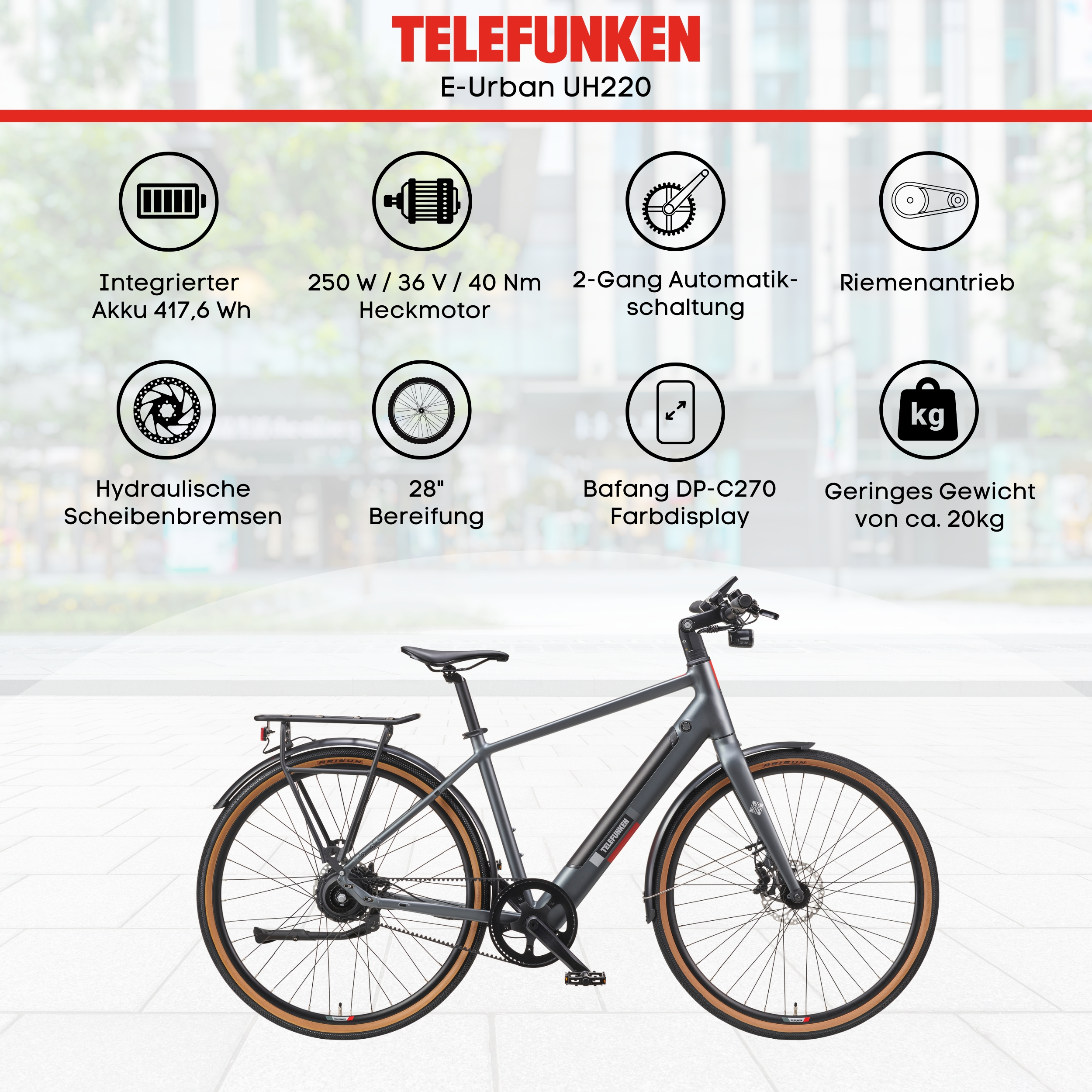Ein Elektrofahrrad mit technischen Details. Das Fahrrad ist grau mit braunen Reifen.