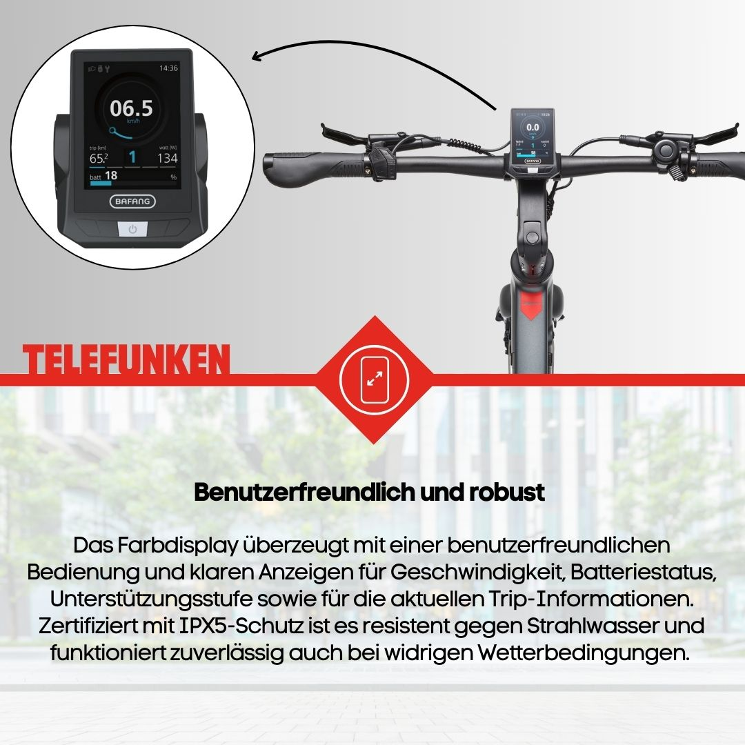 Ein Elektrofahrradlenker mit Display, das Statistiken anzeigt. Der Text auf dem Display lautet '06.5' und '13.4'.
