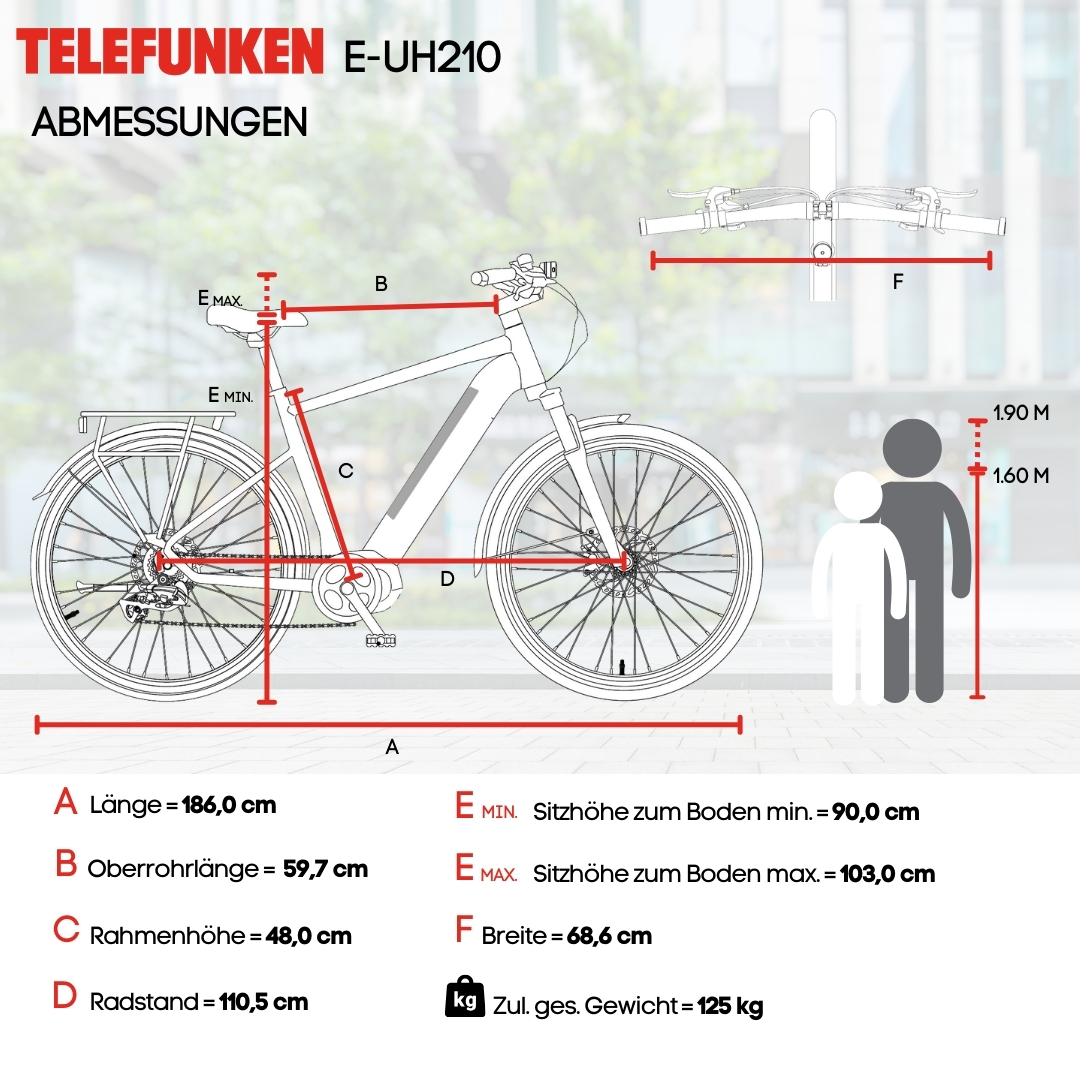 Schwarz-weiß-Diagramm eines Elektrofahrrads mit Maßen in cm und kg.