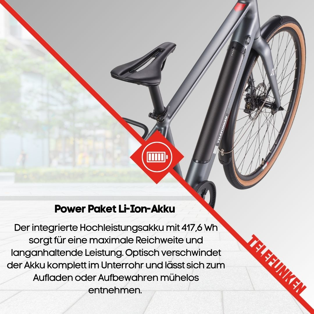 Ein E-Bike mit Akku. Das Fahrrad ist grau und schwarz, mit einem roten Akzent.