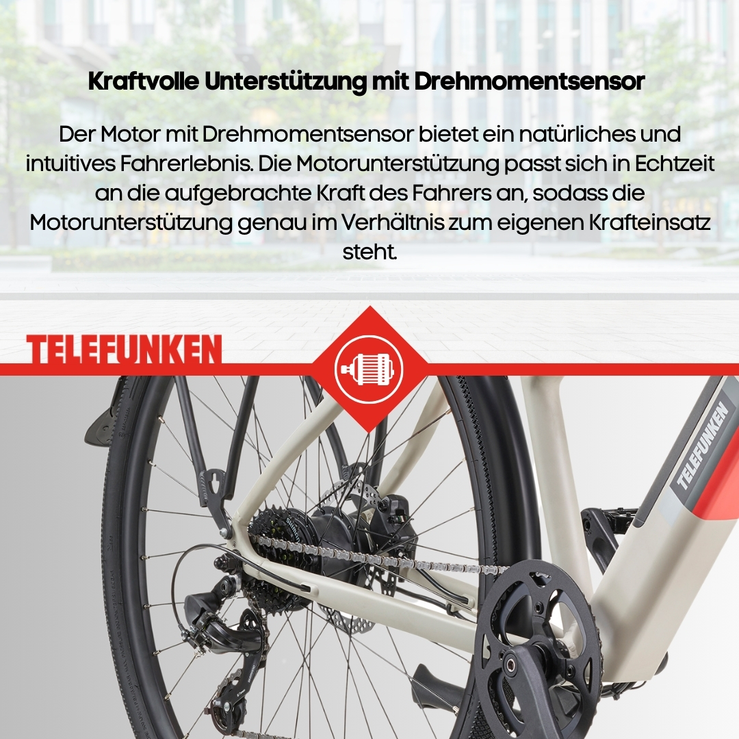 Nahaufnahme des Hinterrads, der Kette und der Gänge eines Fahrrads. Text-Overlay erklärt die Drehmomentsensor-Funktionen.