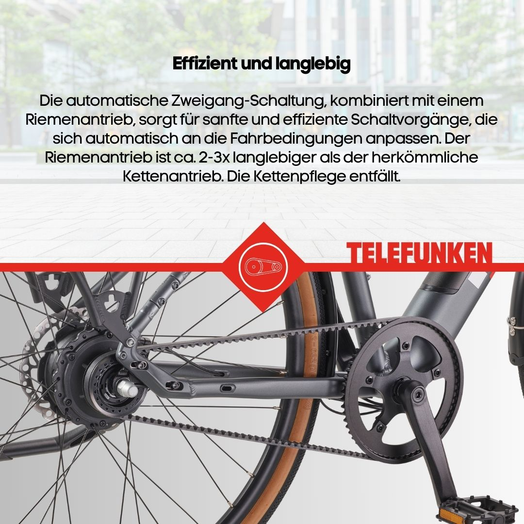 Nahaufnahme des Hinterrads und Antriebssystems eines Fahrrads. Der Text beschreibt die Merkmale.