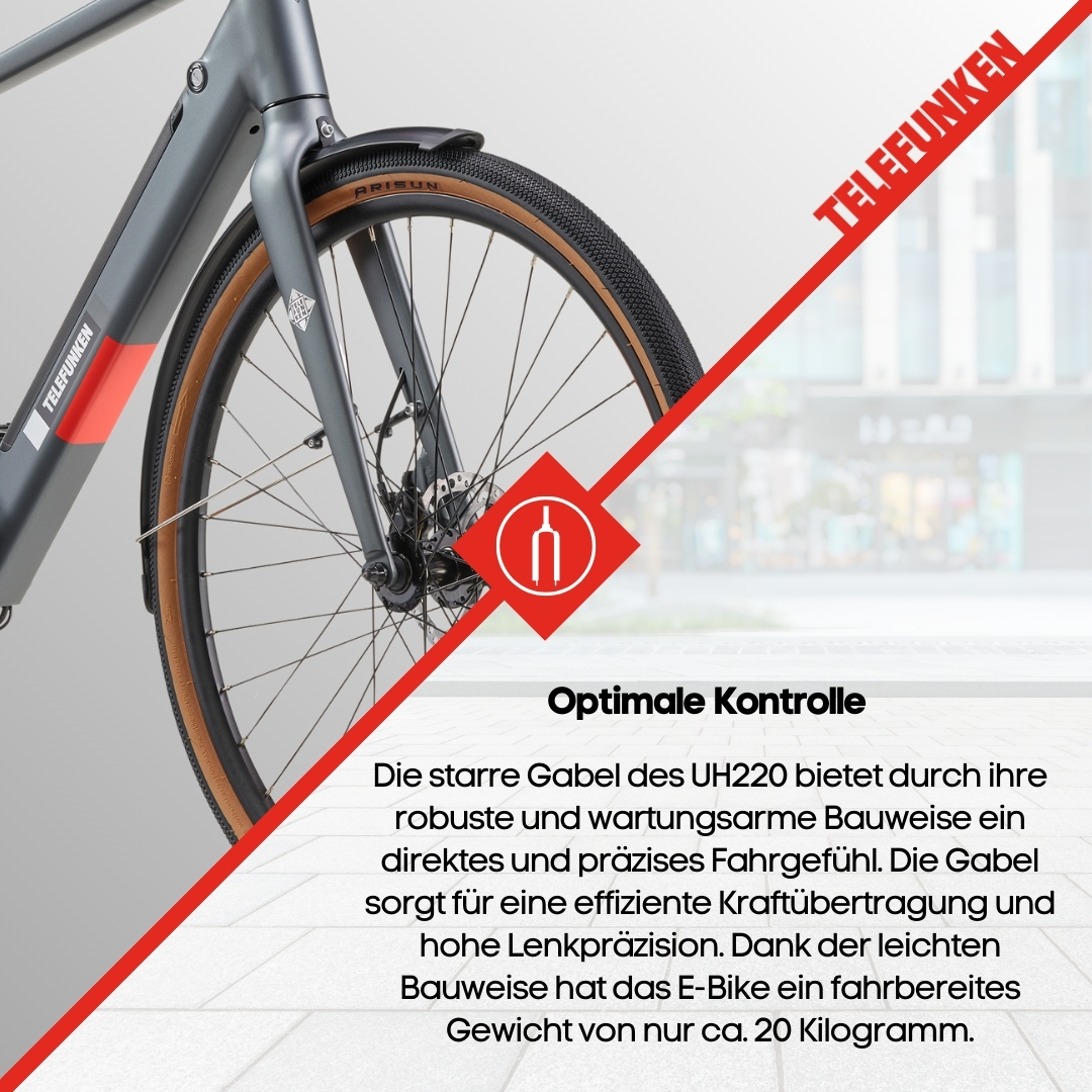 Teilansicht eines Telefunken E-Bikes mit rotem Akzent. Text lautet: Optimale Kontrolle.