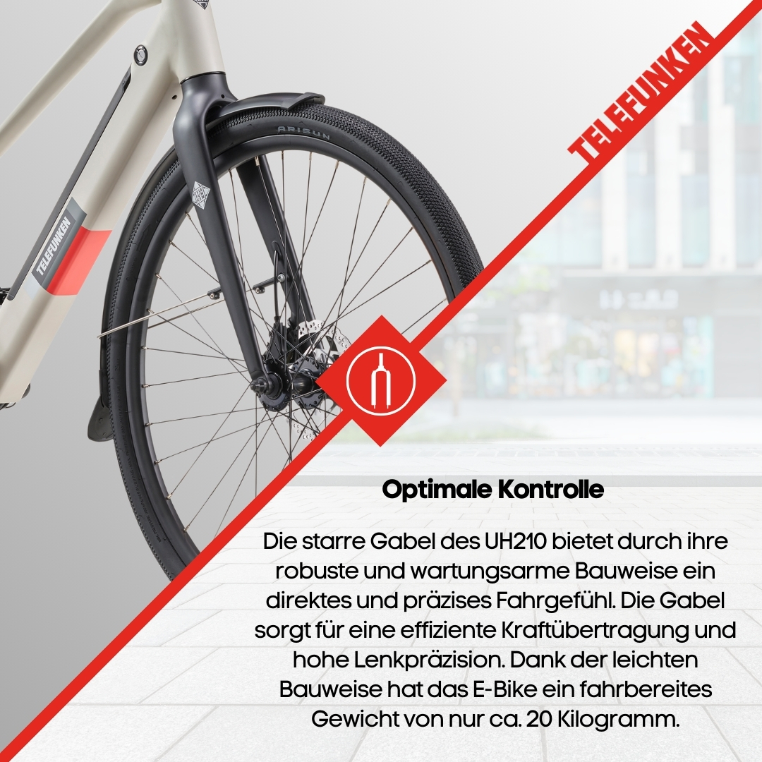 Vorderrad eines Fahrrads. Text-Overlay diskutiert die Gabel und das Gewicht des E-Bikes.