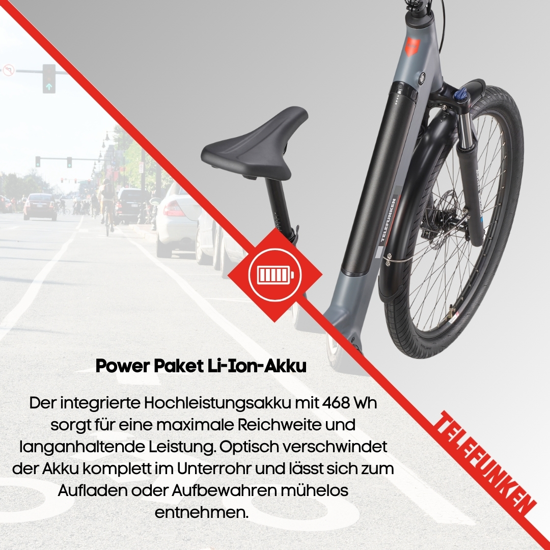 Ein Elektrofahrrad auf einer Straße mit Textüberlagerung.