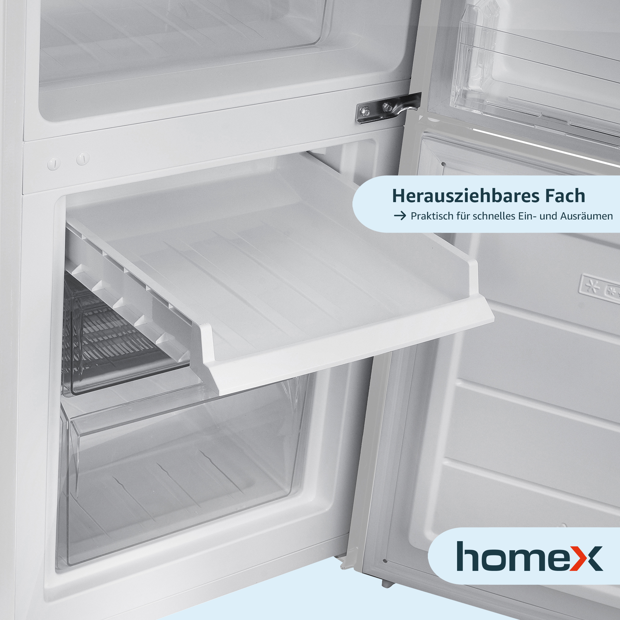 Offener weißer Kühlschrank mit herausgezogener Schublade. Auf der Seite steht: 'Herausziehbares Fach'.